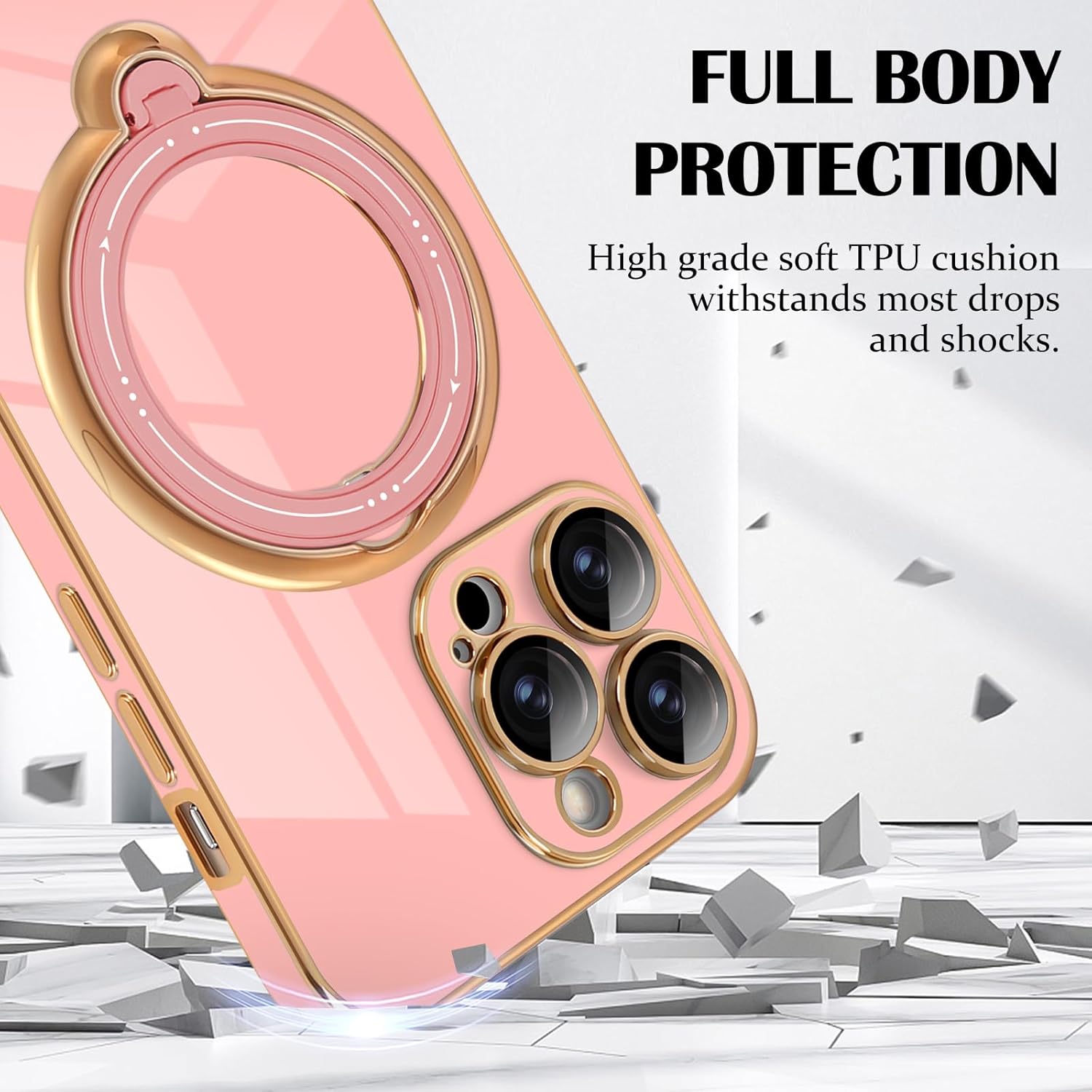 Newseego Funda para iPhone 14 Pro Max, funda de lujo con borde chapado con soporte magnético giratorio de 360 invisible para mujeres, niñas y