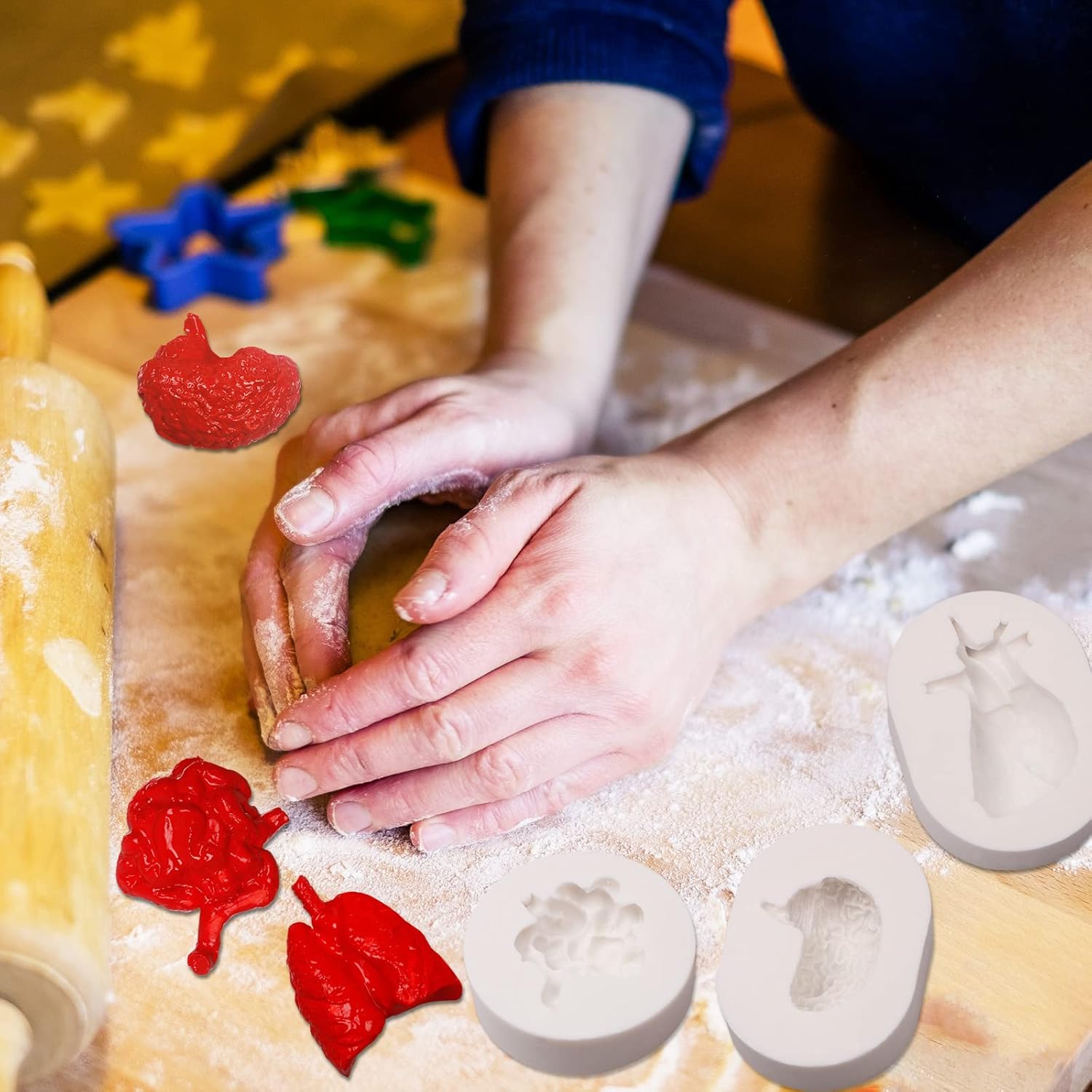 Moldes de silicona para órganos humanos, 8 unidades para Halloween, corazón, cerebro, hígado, estómago intestinal, moldes de fondant de chocolate