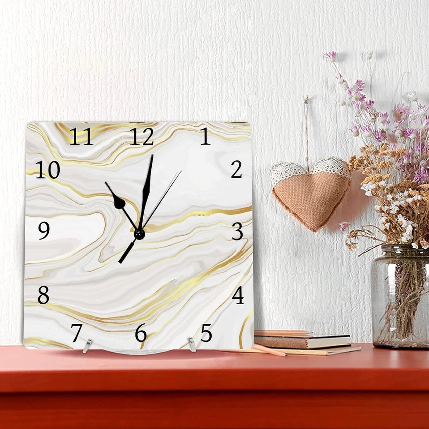 Reloj de pared cuadrado de PVC con fondo de mármol dorado, funciona con pilas, silencioso, sin tictac, 12 x 12 pulgadas, para decoración del hogar,