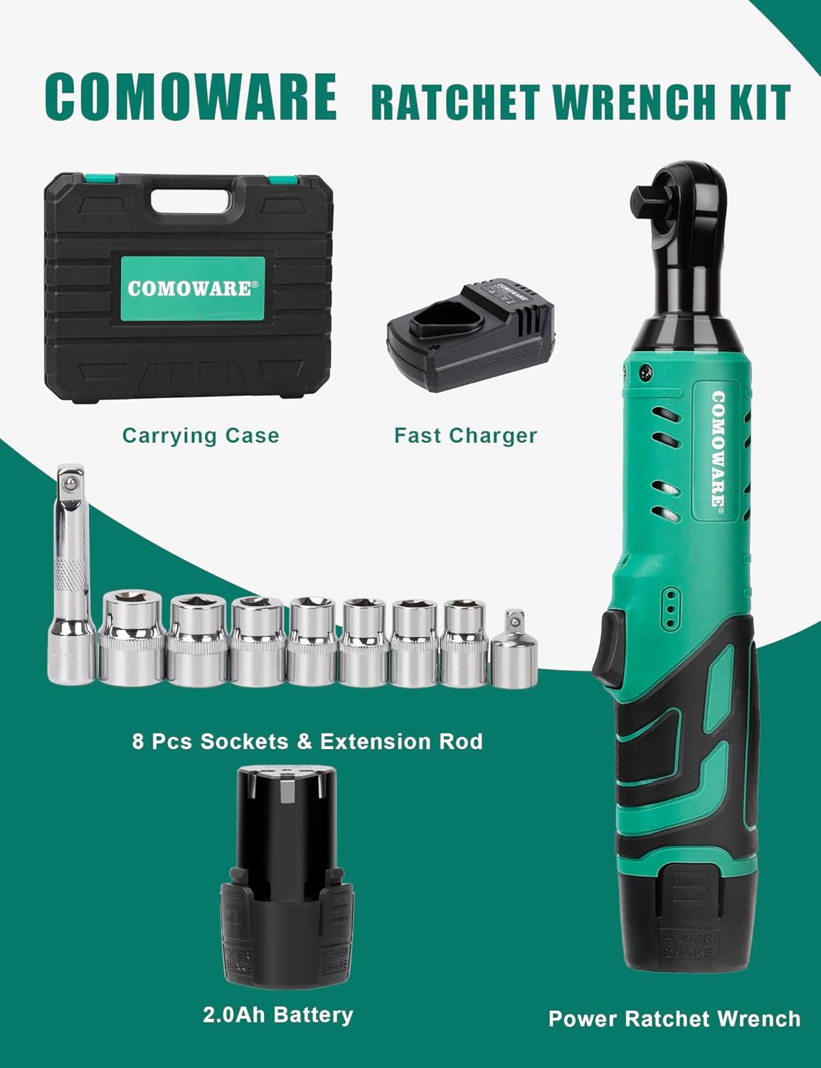 COMOWARE Llave de trinquete eléctrica inalámbrica de 38 pulgadas, kit de trinquete de potencia de 12 V de 40 pies con 1 batería de iones de litio,