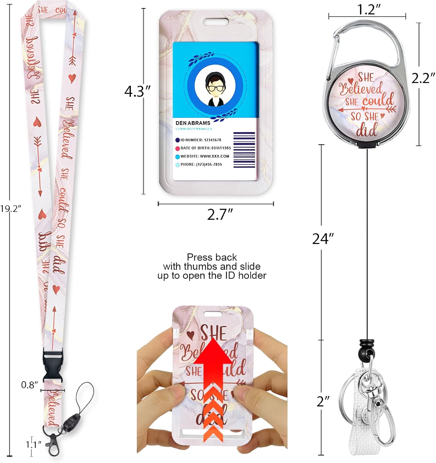 Immaturus Cordones con cita inspiradora para insignias de identificación, soporte de tarjeta de identificación de mármol con cordón retráctil,