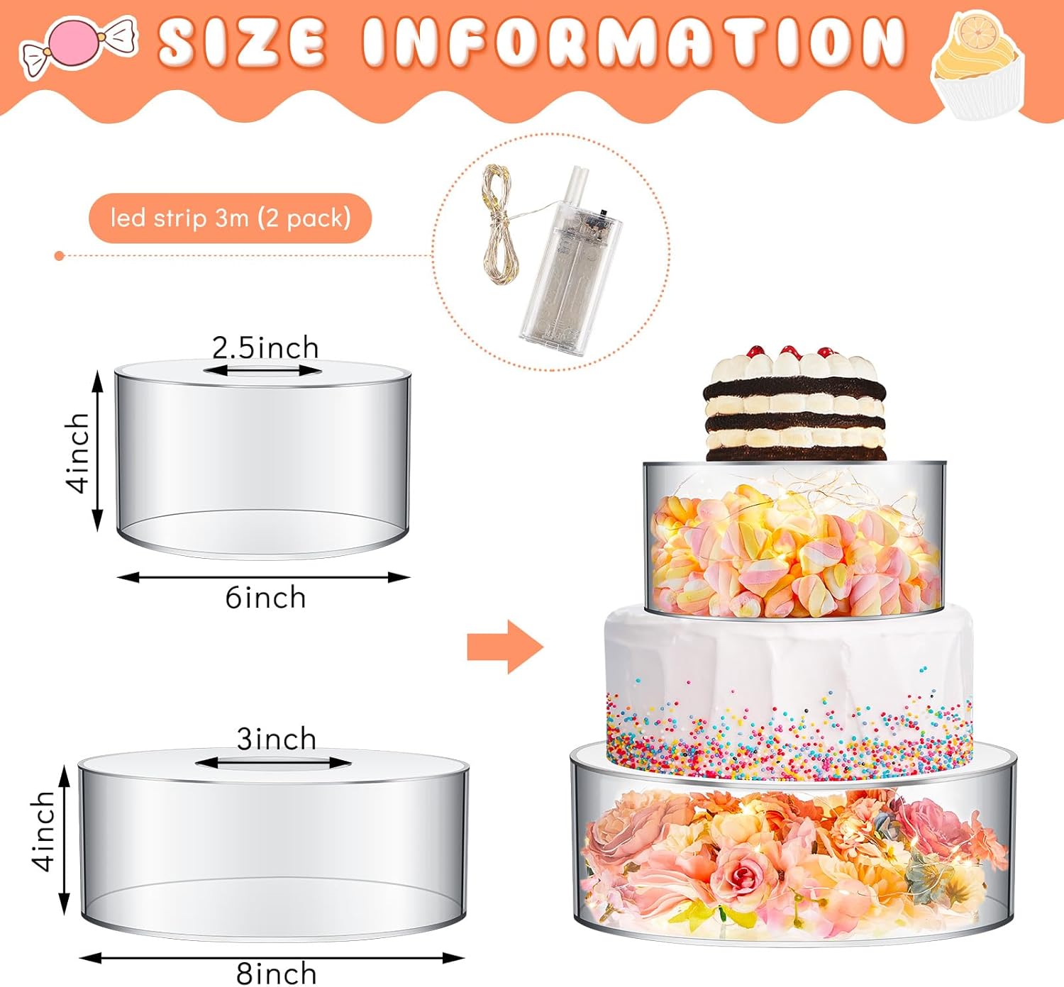 Sunnyray 2 soportes acrílicos para tartas para mesa de postre, elevador de tartas transparente rellenable para cupcakes con cuerdas LED para