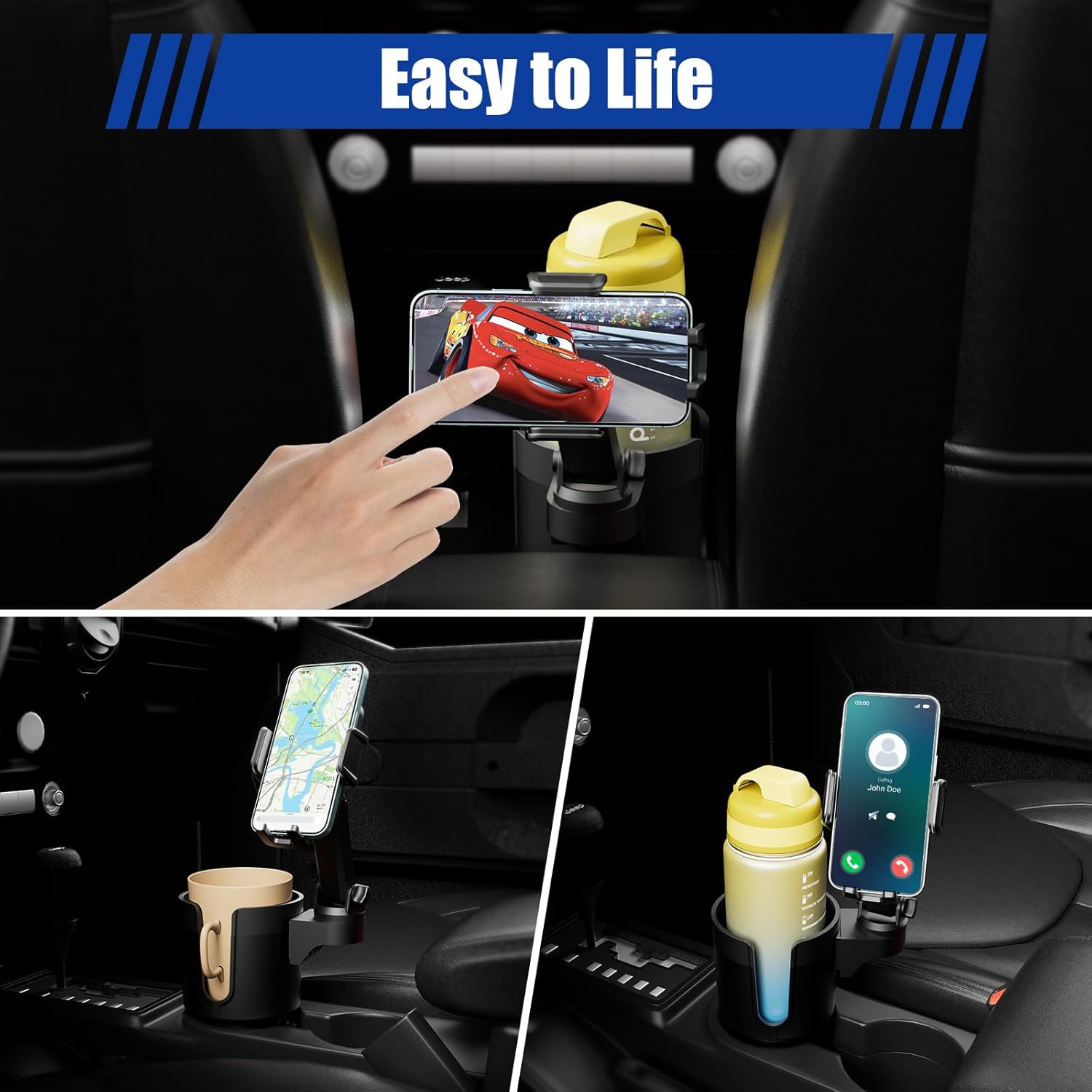 Soporte de teléfono para automóvil, expansor de portavasos 2 en 1 para automóvil con rotación de 360 soporte de teléfono celular de brazo largo para