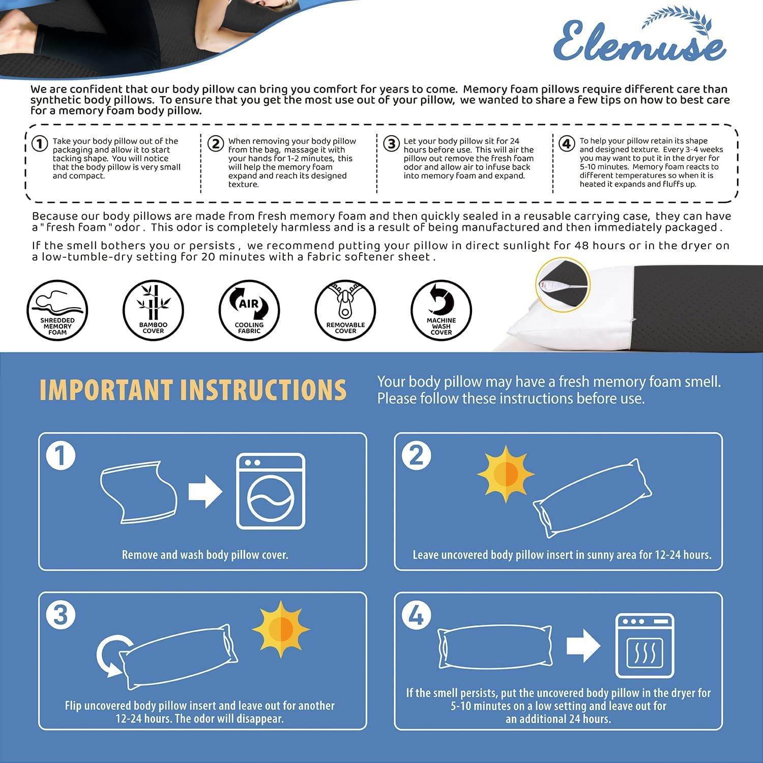 ELEMUSE Almohada de cuerpo completo para adultos, espuma viscoelástica triturada y funda de enfriamiento con cremallera, almohada larga de 20 x 54
