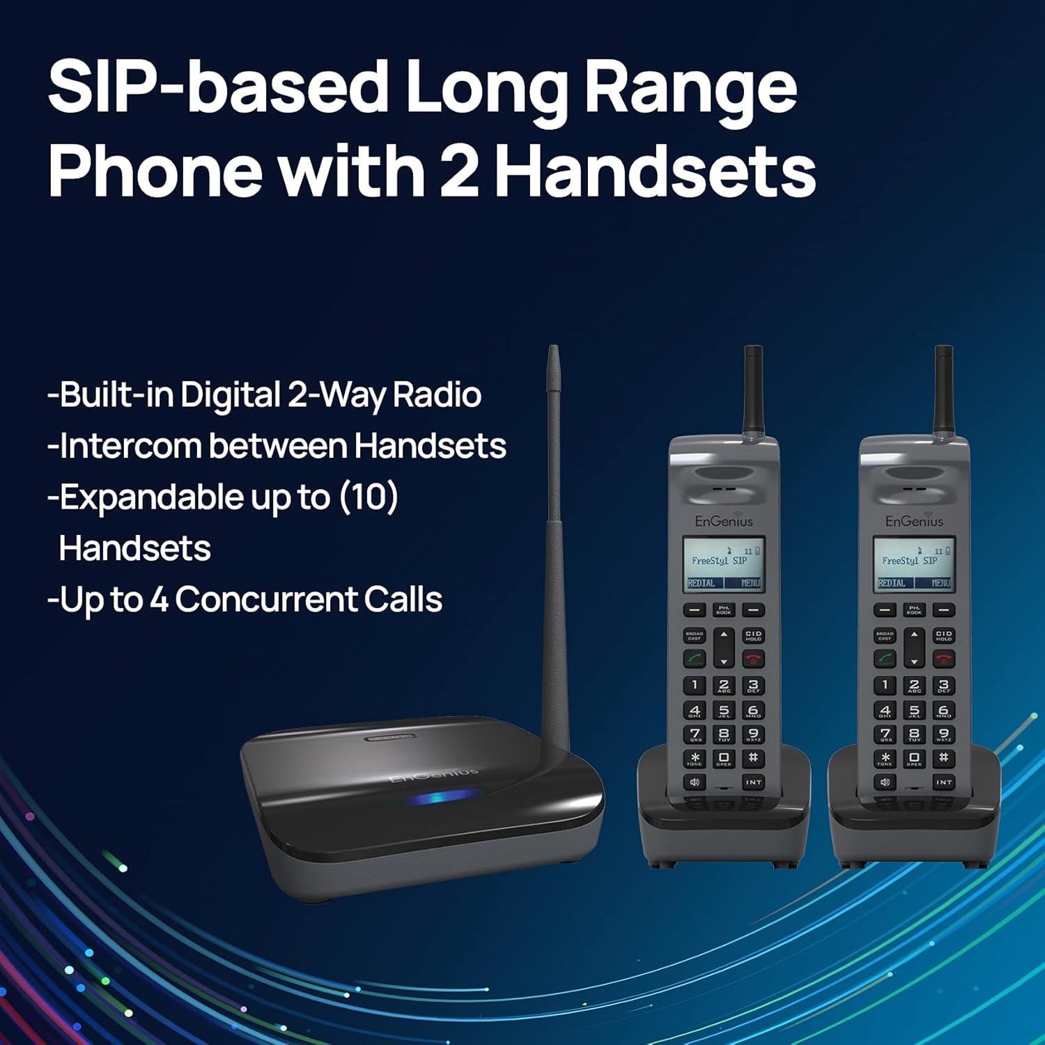 EnGenius FreeStyl SIP2, teléfono VoIP portátil de largo alcance de 900 Mhz con radio de 2 vías para transmisiónintercomunicador, expandible hasta