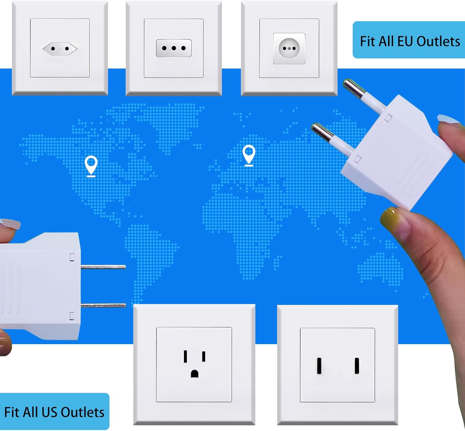 6 paquetes de adaptadores de enchufe de viaje internacional premium, convertidor de toma de corriente tipo C para UE a EE. UU. y EE. UU. a Europa,