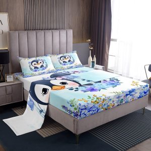 Manfei Juego de sábanas de pingüinos de dibujos animados tamaño King, bonito juego de ropa de cama de animales de poste ártico, decoración de Manfei Juego de sábanas de pingüinos de dibujos animados tamaño King, bonito juego de ropa de cama de animales de poste ártico, decoración de