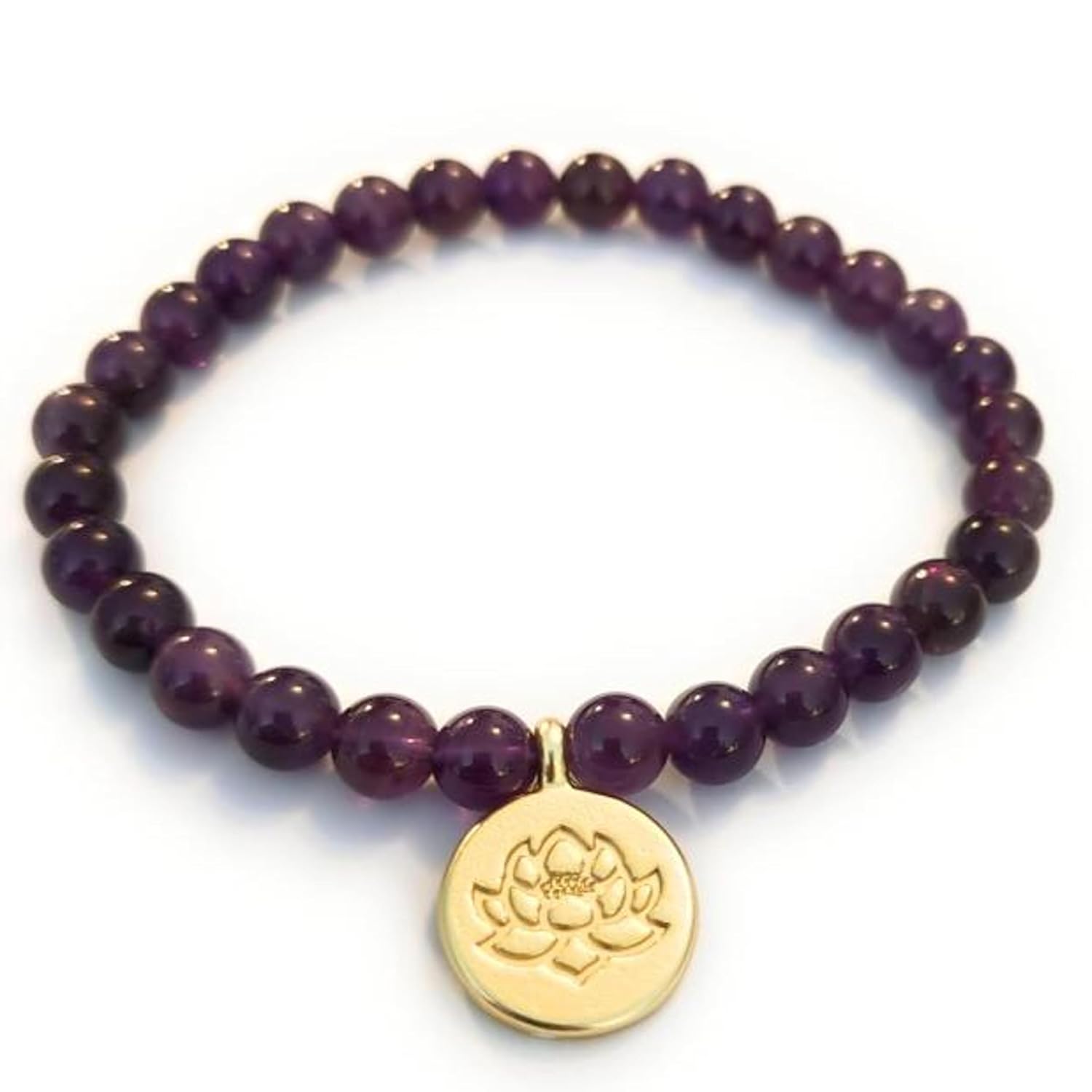 Stretch Bead Bracelet Amethyst 18k Gold Plated Brass Lotus Flower Charm Stretch One Size Adult Gift Boxed
