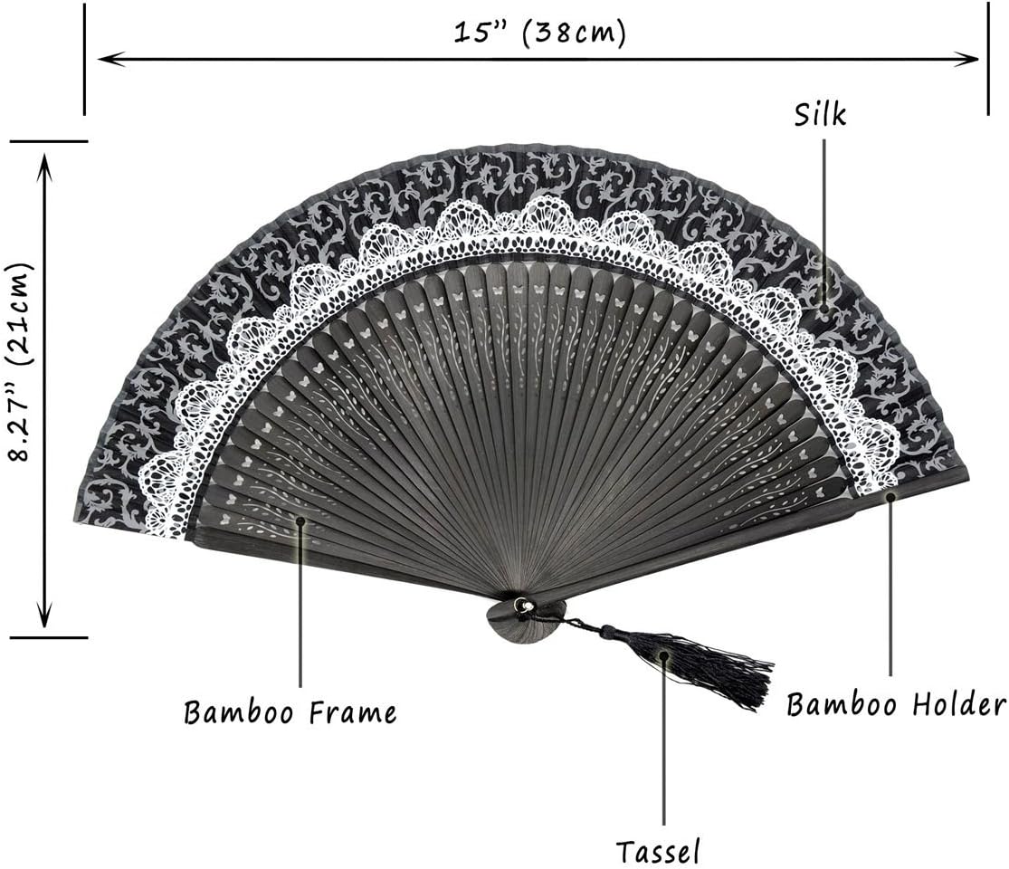 OMyTea Abanico plegable de bambú para mujer, ventilador de mano con patrón de encaje chino, japonés, español, para boda, decoración, actuación,