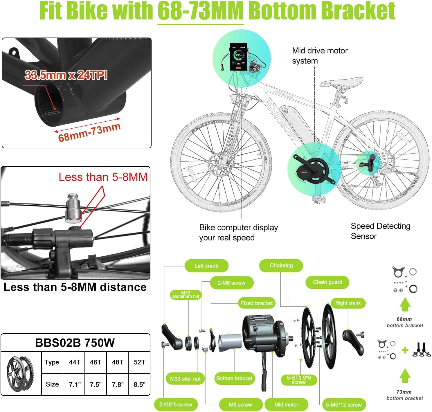 BAFANG Kit de transmisión media de 750 W con batería Opcional BBS02B 8FUN Kit de conversión de bicicleta eléctrica con pantalla LCD y plato, kit de