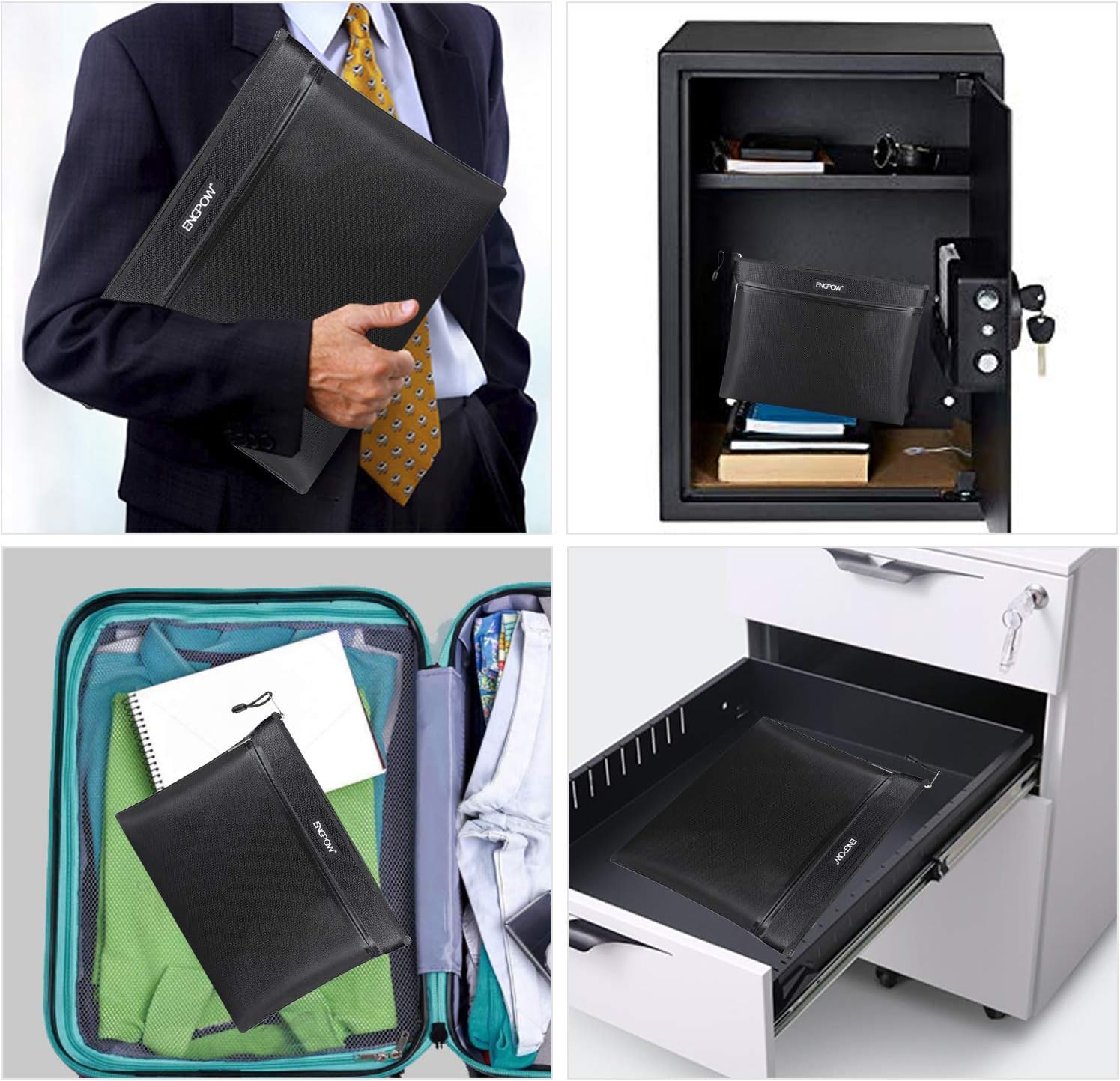 Bolsa de documentos ignífuga con dos bolsillos, dos cremalleras,ENGPOW Bolsa de seguridad ignífuga de 13.4 “x 10.2” impermeable e ignífuga bolsa de