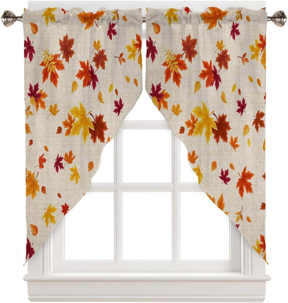 Cortinas con diseño de hojas de arce rojo naranja otoñal, cenefas de cocina con bolsillo para barra, par de festones, follaje caído de Acción de