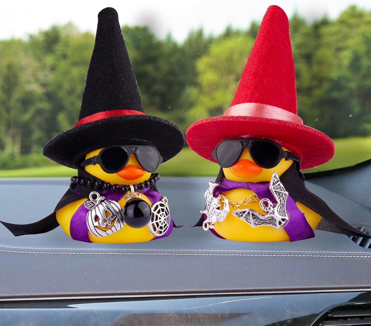 Adornos de pato de goma para automóvil, decoraciones de tablero de automóvil con mini sombrero de bruja, capa, collar, accesorios de Halloween para