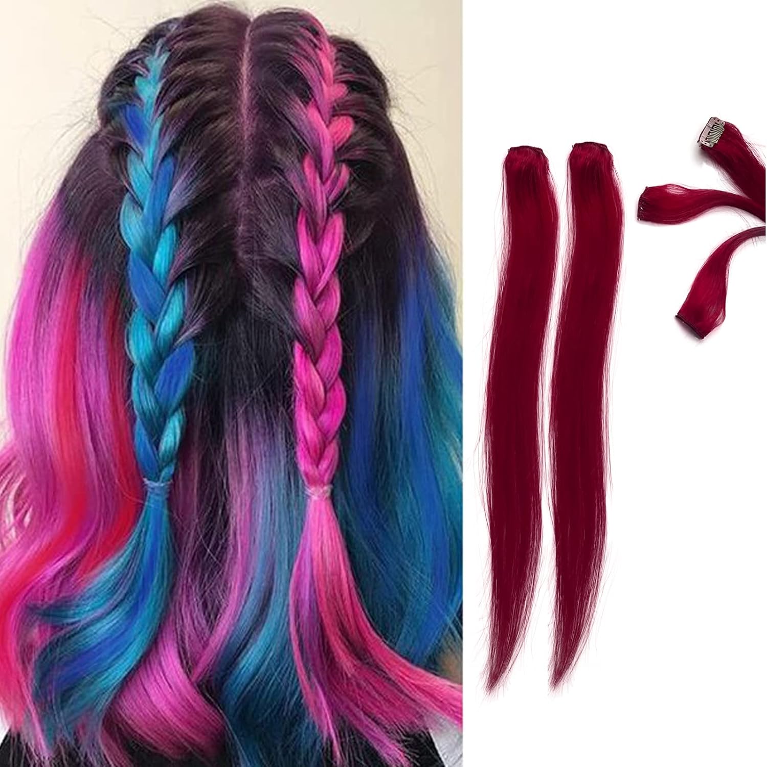 2 extensiones de cabello rojo con clip de 16 pulgadas, extensiones de cabello largo liso con clip, extensiones de cabello coloridas, accesorios para