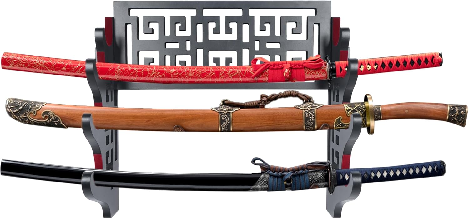 Vevet – Soporte de pared para espadas de 4 niveles, soporte acolchado para Katana, soporte de pared para espadas, soporte de madera samurái para