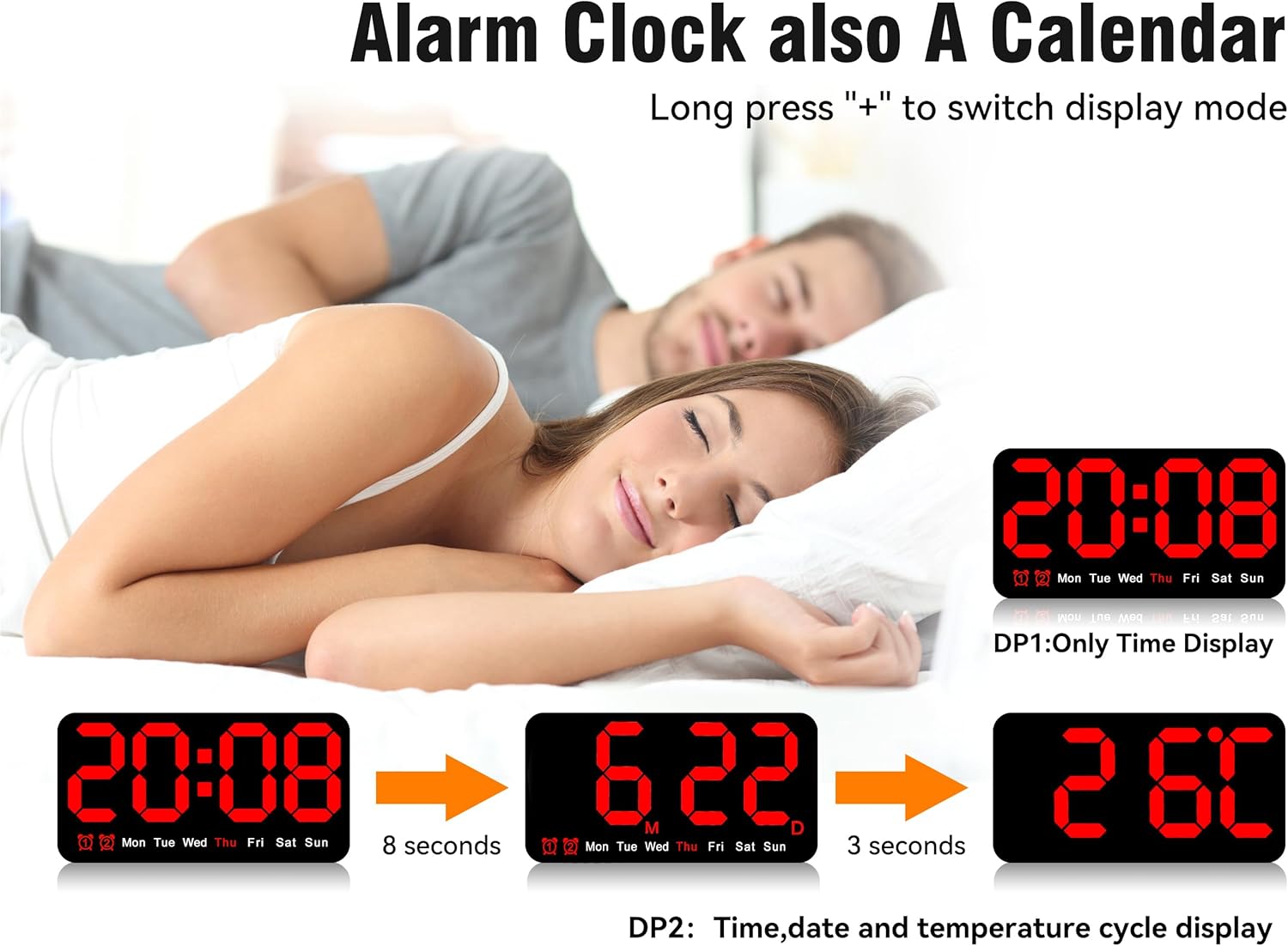 Triangle Plum Reloj de pared digital grande, 9.5 pulgadas, despertador LED con dígitos grandes, DST, alarma doble, brillo de 3 niveles para sala de