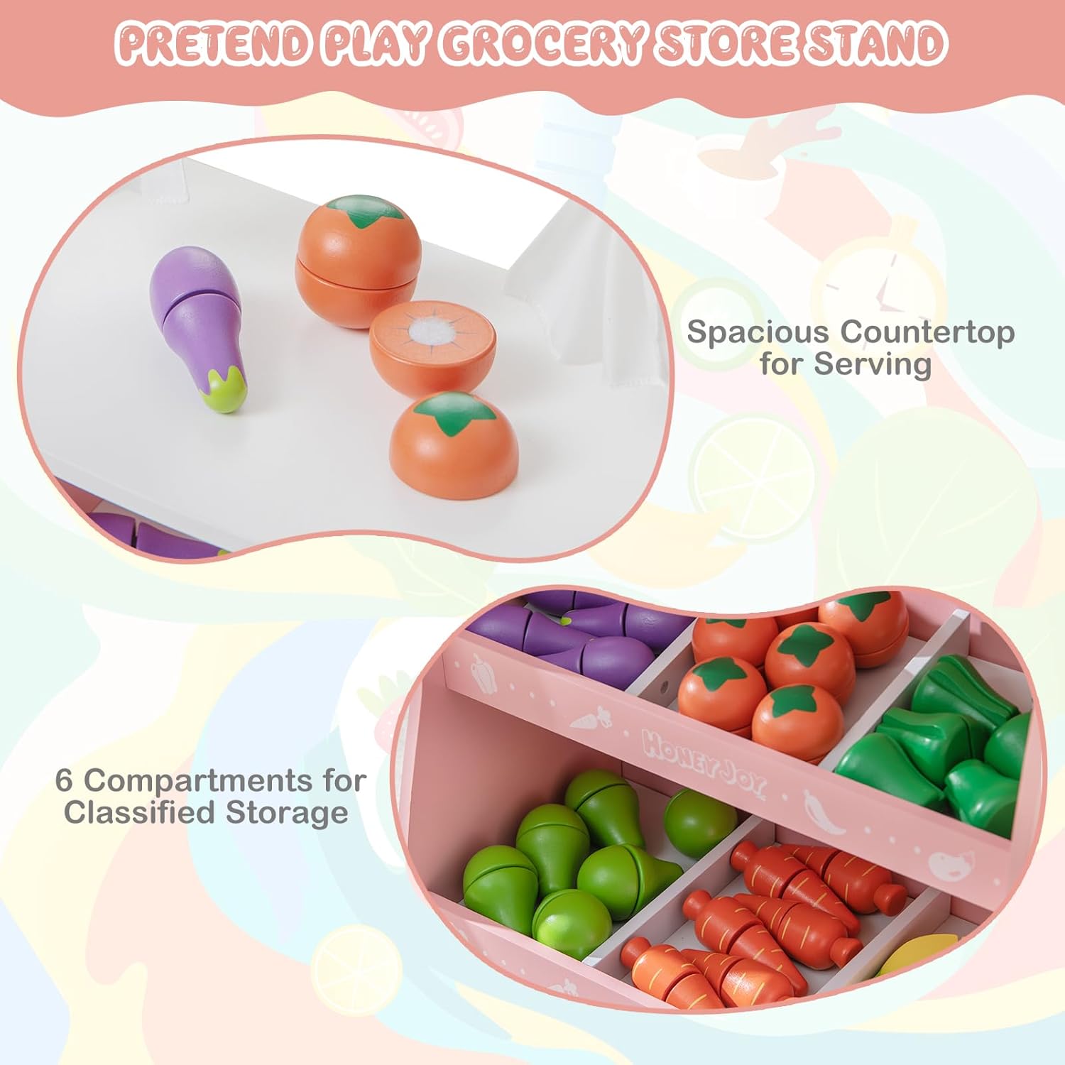 HONEY JOY Juego de tienda de comestibles para niños, soporte de madera para frutas con 36 accesorios para cortar alimentos y verduras, tienda de