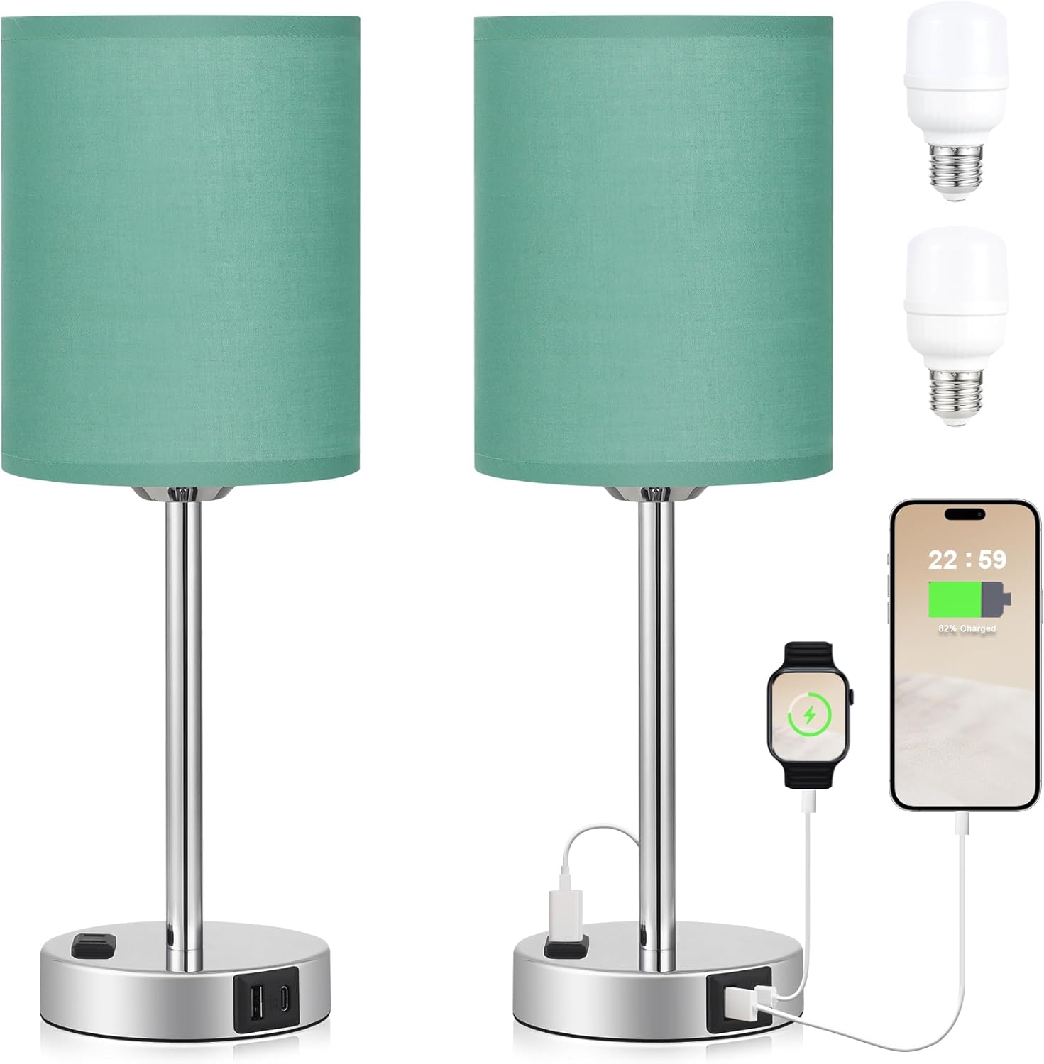 Innqoo Juego de lámparas de mesa táctiles verde azulado de 2 a 3 vías regulables con puertos USB C y A y tomas de corriente, lámpara moderna de