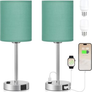 Innqoo Juego de lámparas de mesa táctiles verde azulado de 2 a 3 vías regulables con puertos USB C y A y tomas de corriente, lámpara moderna de Innqoo Juego de lámparas de mesa táctiles verde azulado de 2 a 3 vías regulables con puertos USB C y A y tomas de corriente, lámpara moderna de