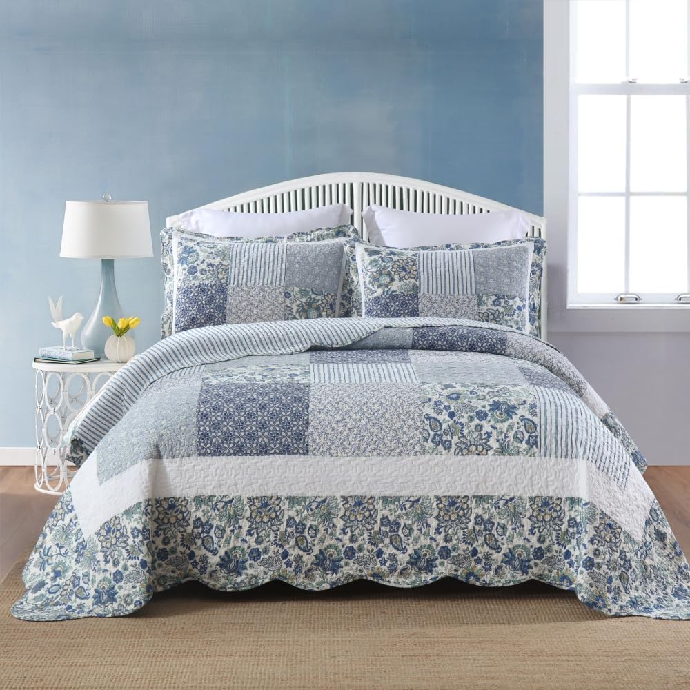 Juego de ropa de cama de algodón de 3 piezas, reversible, juego de colcha reversible vintage floral de retazos azules, tamaño Queen