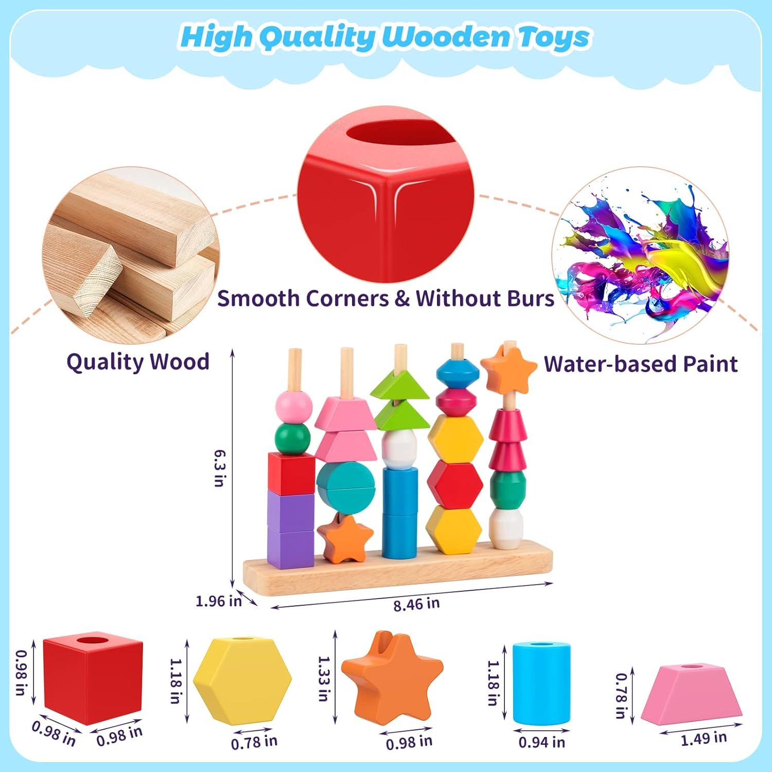 Educational Montessori Toy Set – Wooden Beads Sequencing, Stacking Blocks, Lacing Beads & Shape Stacker – STEM Learning for 3 4 5 Year Olds for Kids!