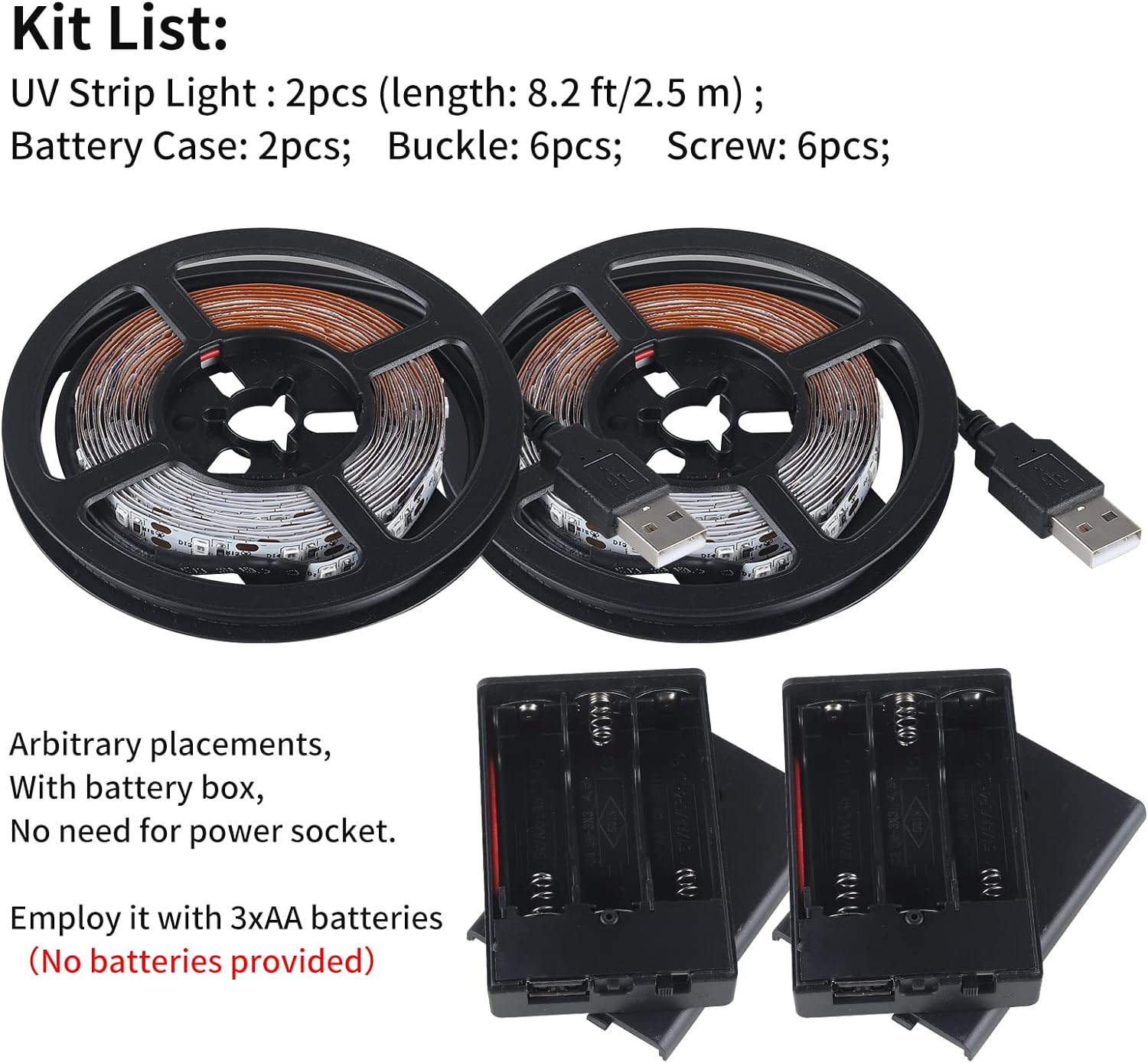 Tira de luz negra USB de 16.4 pies con caja de batería, tira de luz negra LED de 5 V, 300 LED para brillar en la oscuridad, 385-400 nm para fiesta