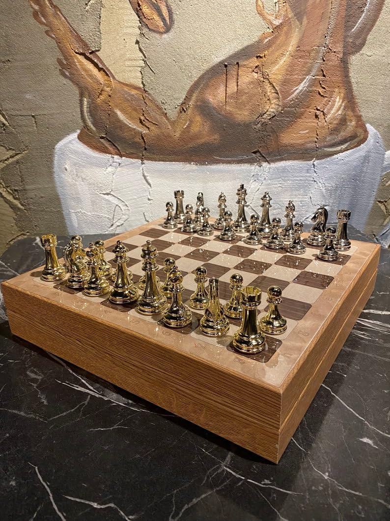Juego de ajedrez de lujo para adultos, piezas de ajedrez de metal con peso de metal, tablero de ajedrez de madera personalizado con almacenamiento