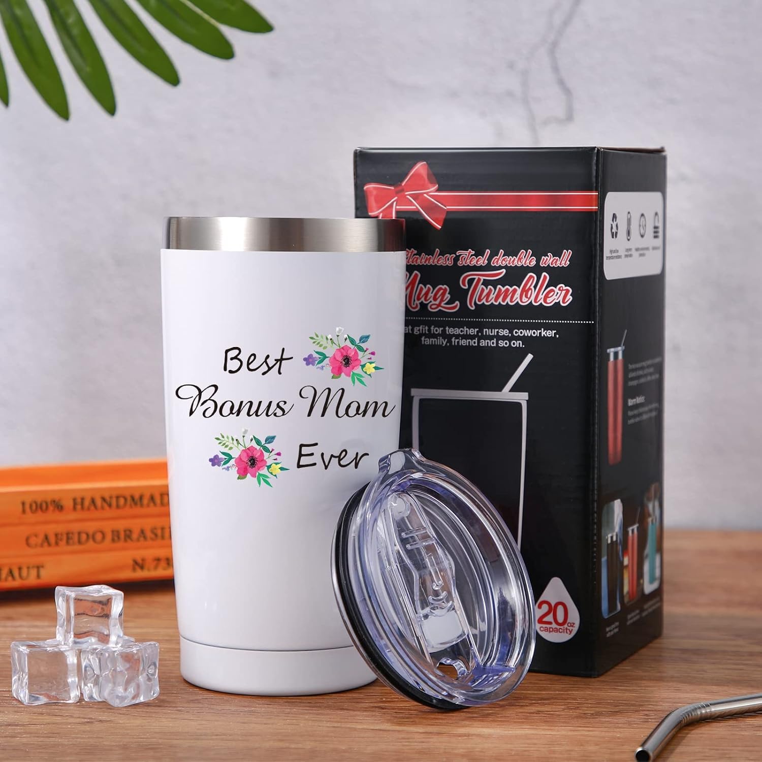 Best Ever Mom – Vaso de 20 onzas con tapa, cepillo para popote y caja de regalo (color blanco)