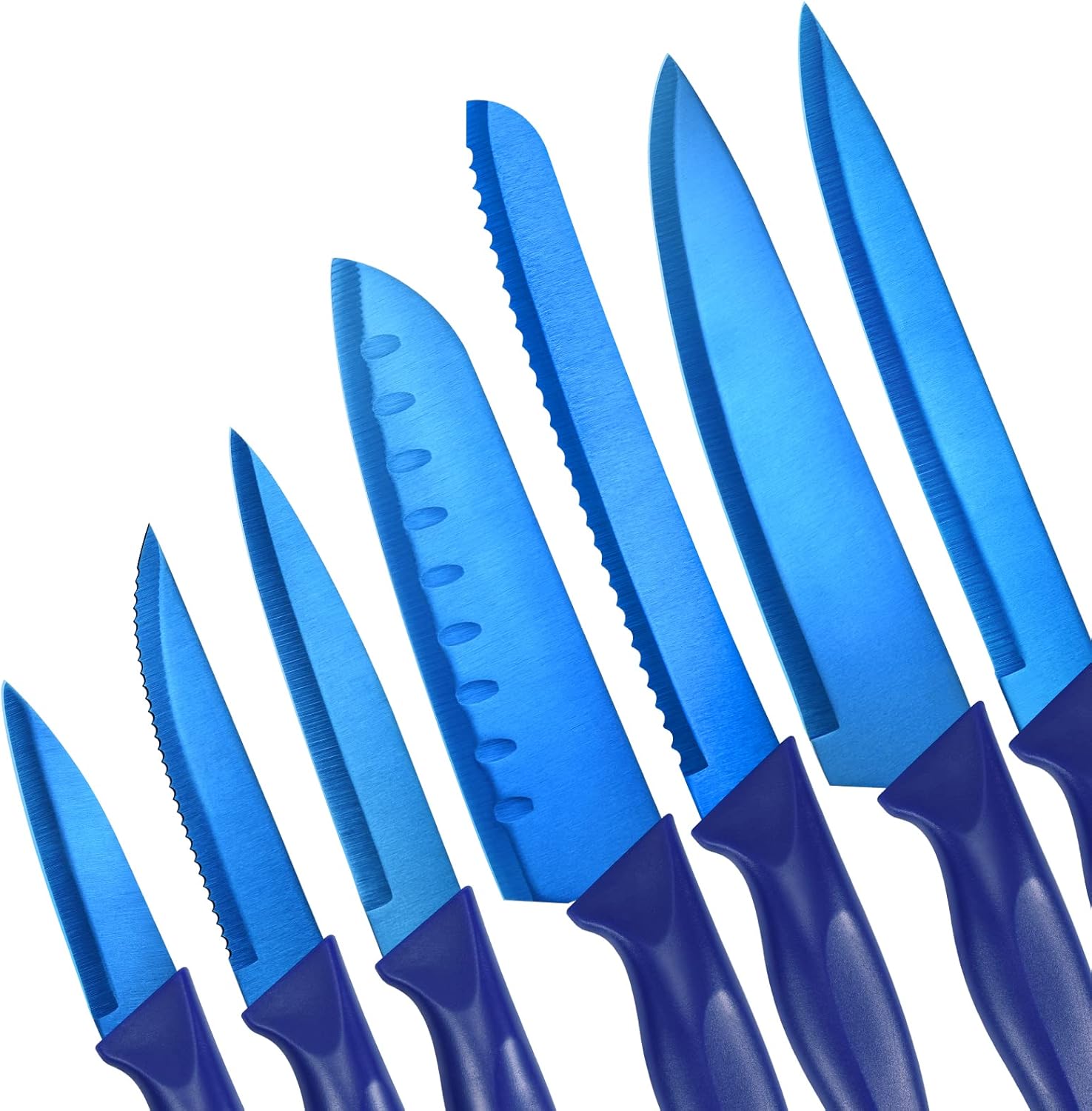 LIFVCNT Juego de cuchillos de cocina profesionales azules de 7 piezas, juego de cuchillos de carne dentados, juego de cuchillos de chef de acero