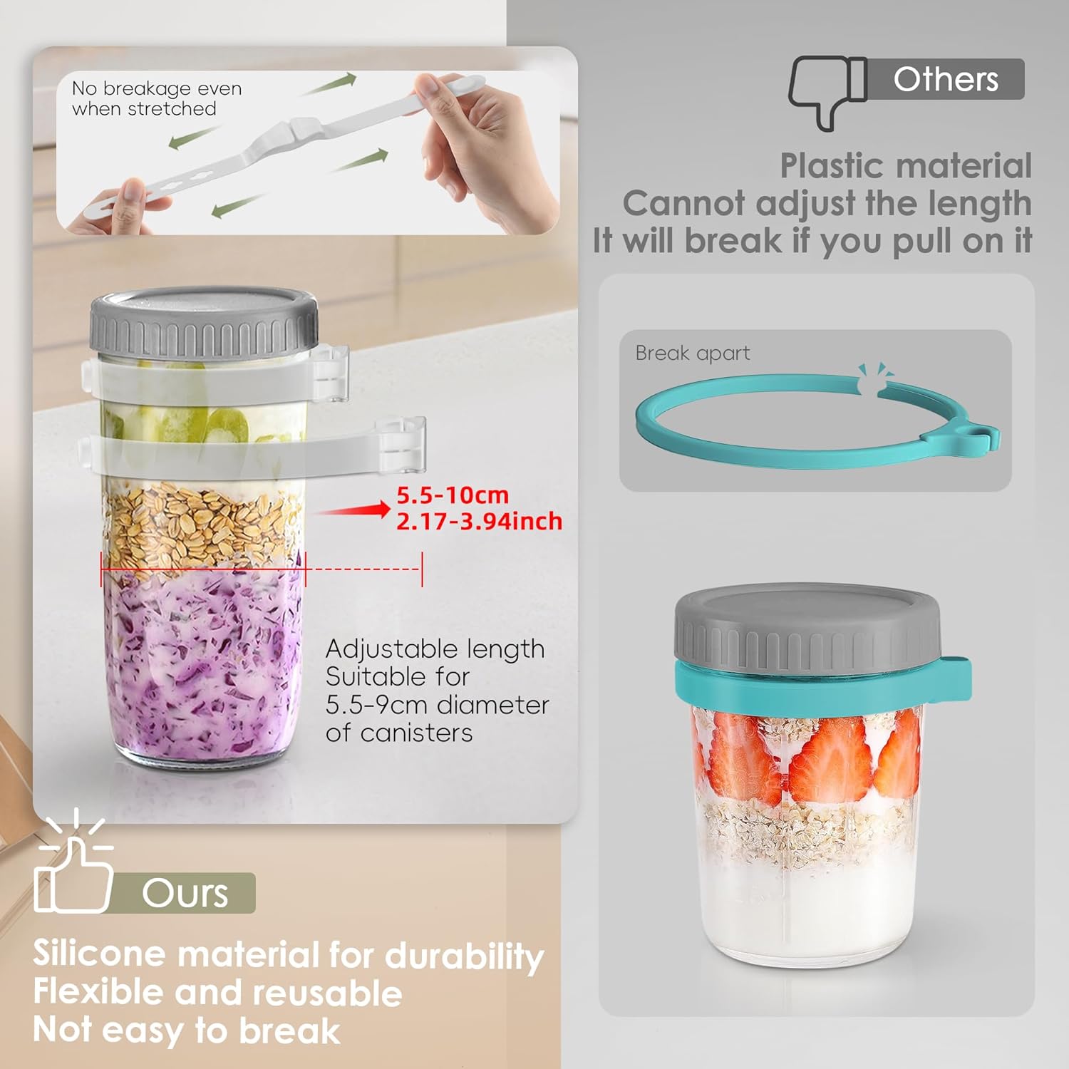 5 soportes de silicona para cucharas, soporte para pajilla, soporte ajustable para cuchara compatible con tarros de vidrio redondos y cuadrados
