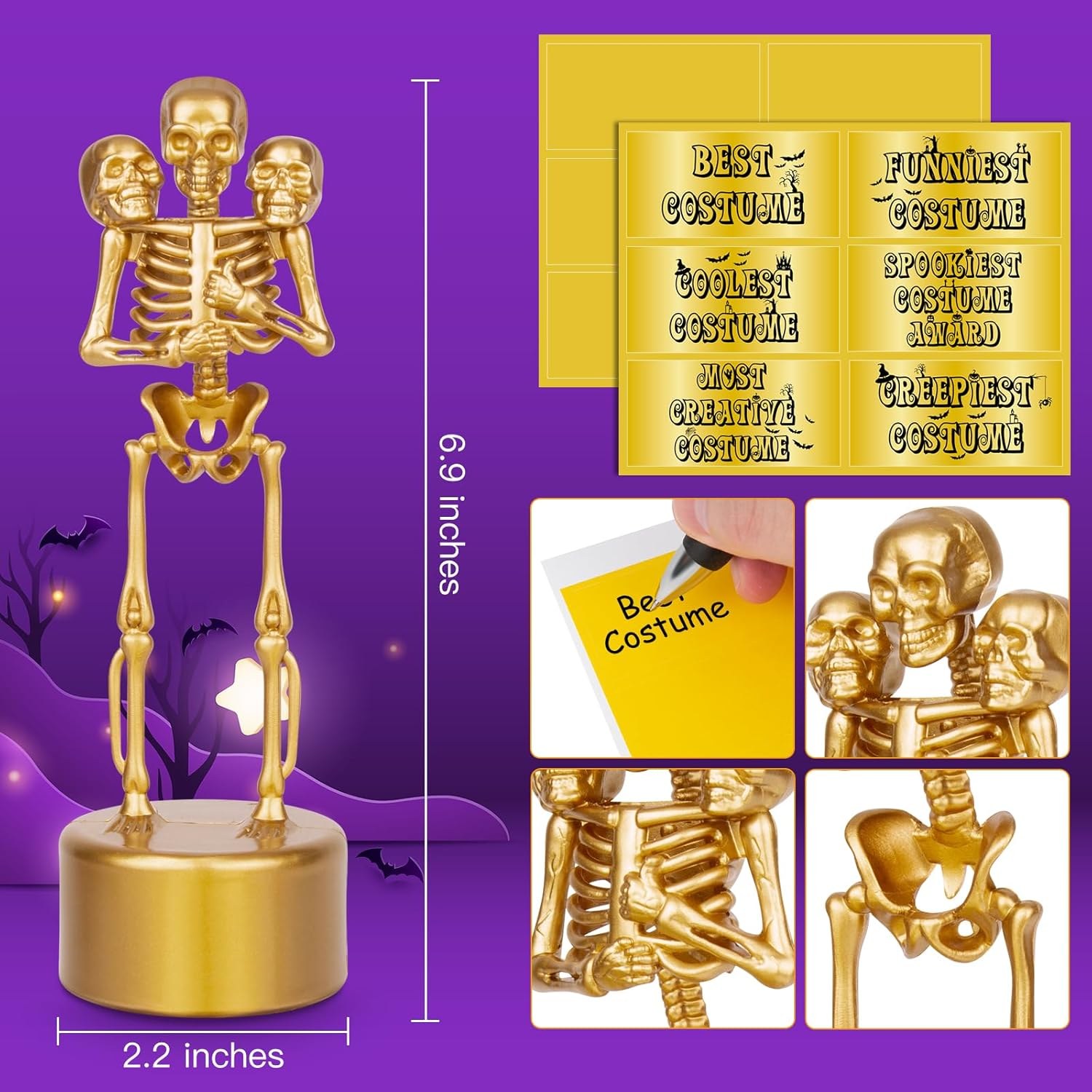 Trofeos de esqueleto de Halloween para niños y adultos, paquete de 6 trofeos divertidos de esqueleto de Halloween, trofeos de plástico para premios