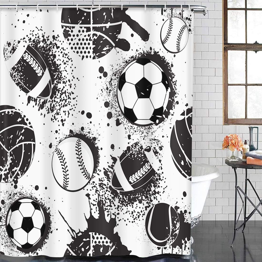 Emvency Cortina de ducha abstracta para niños, patrón de fútbol urbano, con pelota, colores blanco y negro, oscuro, grunge, tela de poliéster