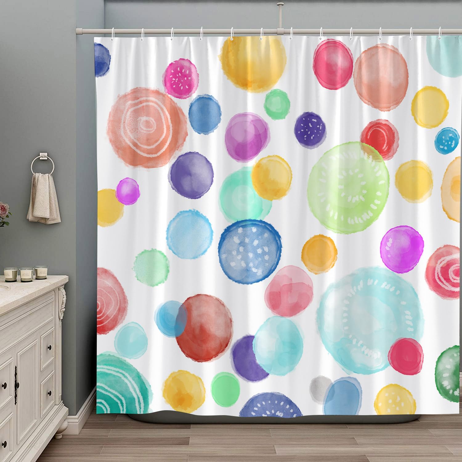 ZZYSKS Cortina de ducha de lunares de arco iris, colorido, geométrico, lindo, blanco, moderno, abstracto, decoración de baño, juego de cortinas de