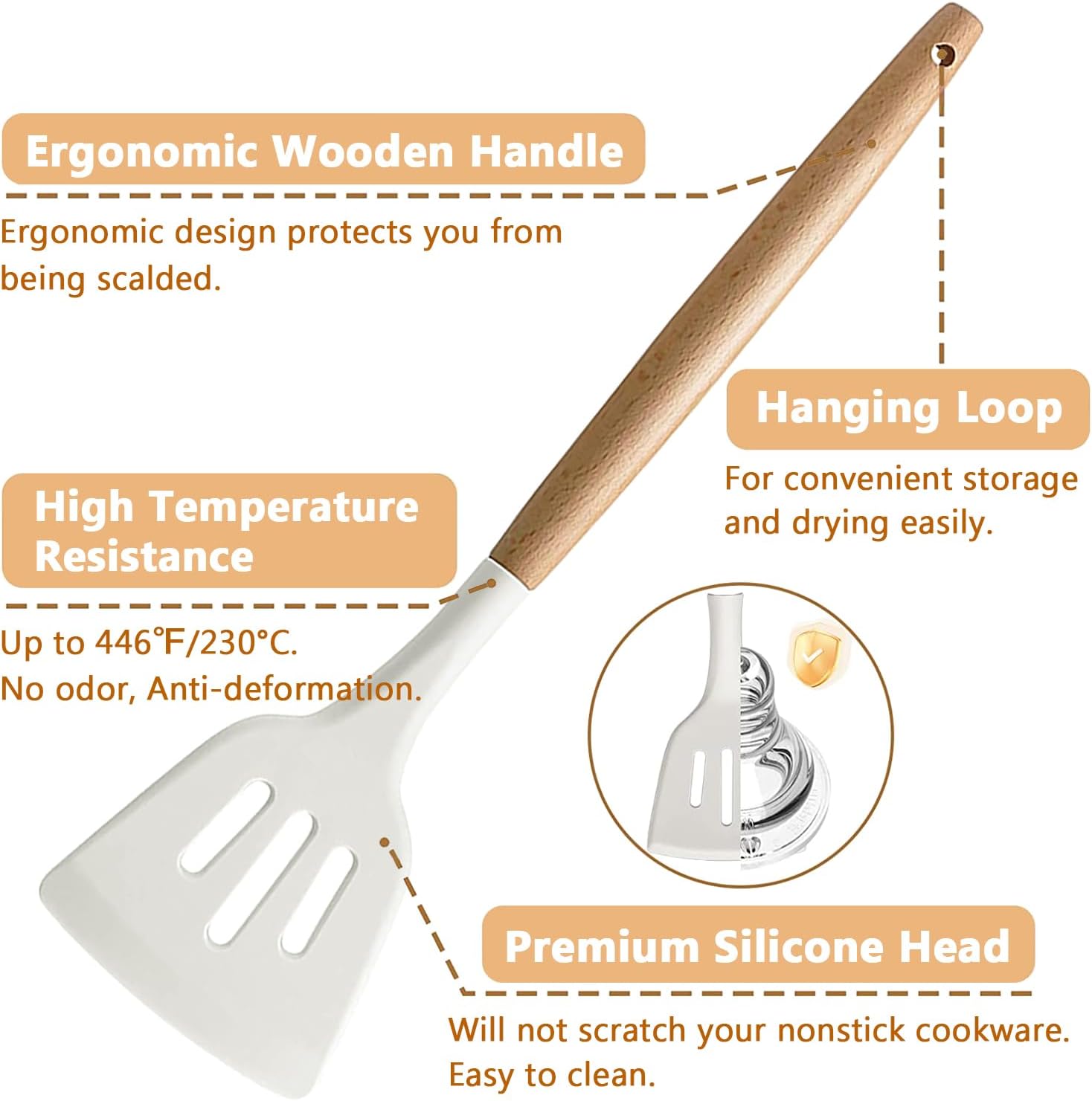 IOCBYHZ Juego de 5 utensilios de cocina de silicona, juego de utensilios de cocina con mango de madera resistente al calor, antiadherente, espátula