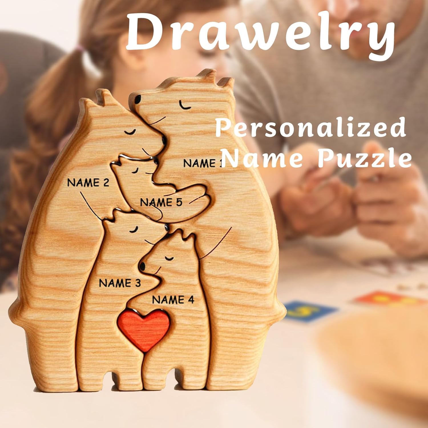 Rompecabezas personalizado con nombres de familia  Rompecabezas de oso de madera  Rompecabezas de madera personalizable de roble pieza decorativa
