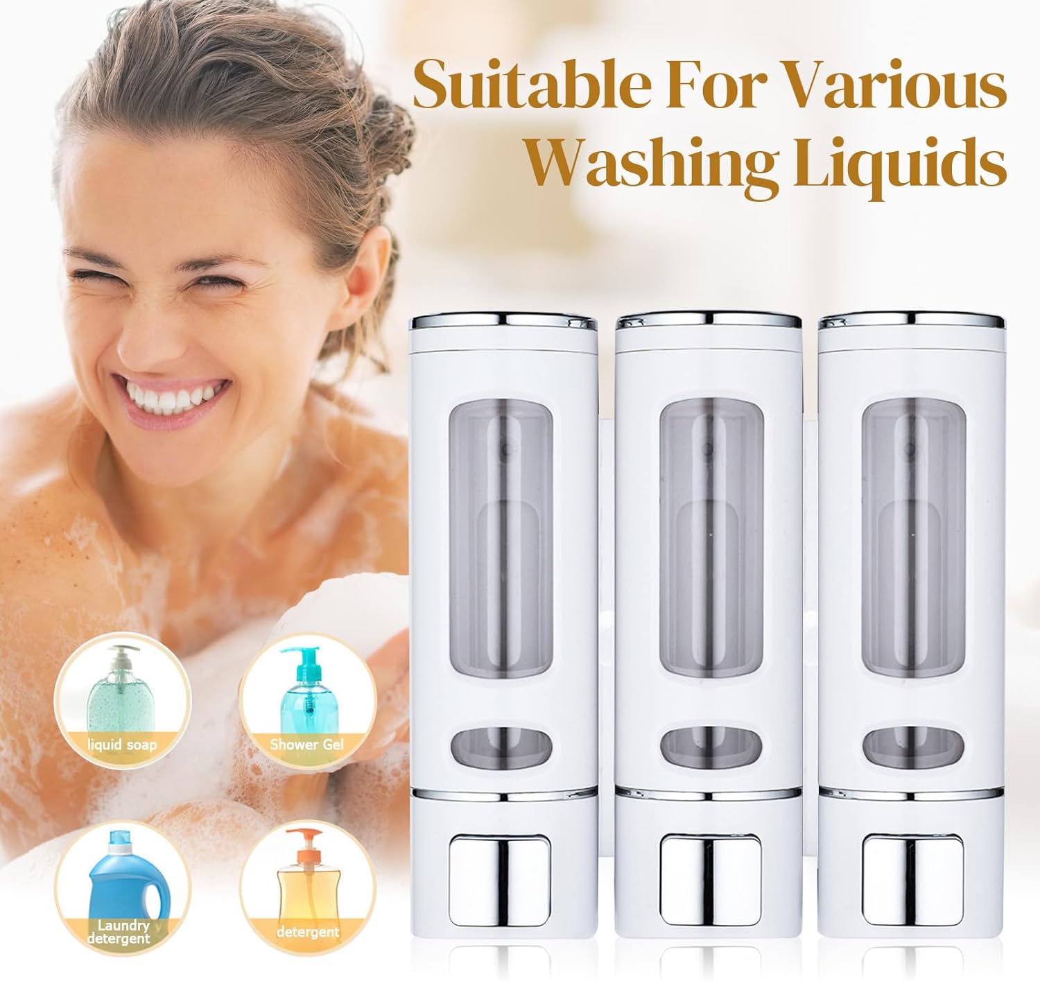 3 dispensadores de jabón de champú para ducha montados en la pared, 13.5 fl oz x 3 dispensadores de champú sin taladro, dispensador de bomba de