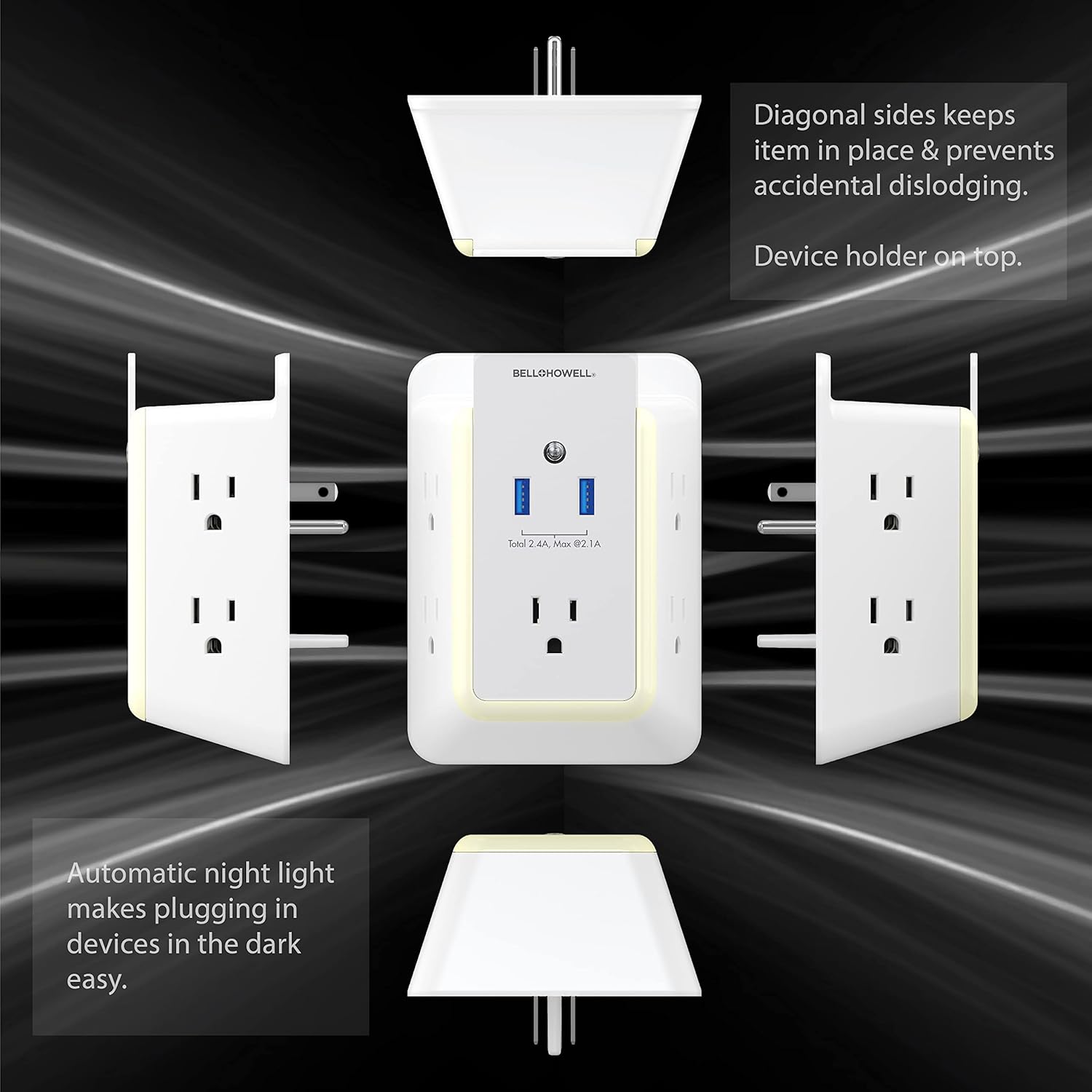 Bell+Howell Wall Power 7908 – Protector de sobretensiones con luz nocturna (automático) y soporte para dispositivos, 5 tomas de corriente y 2