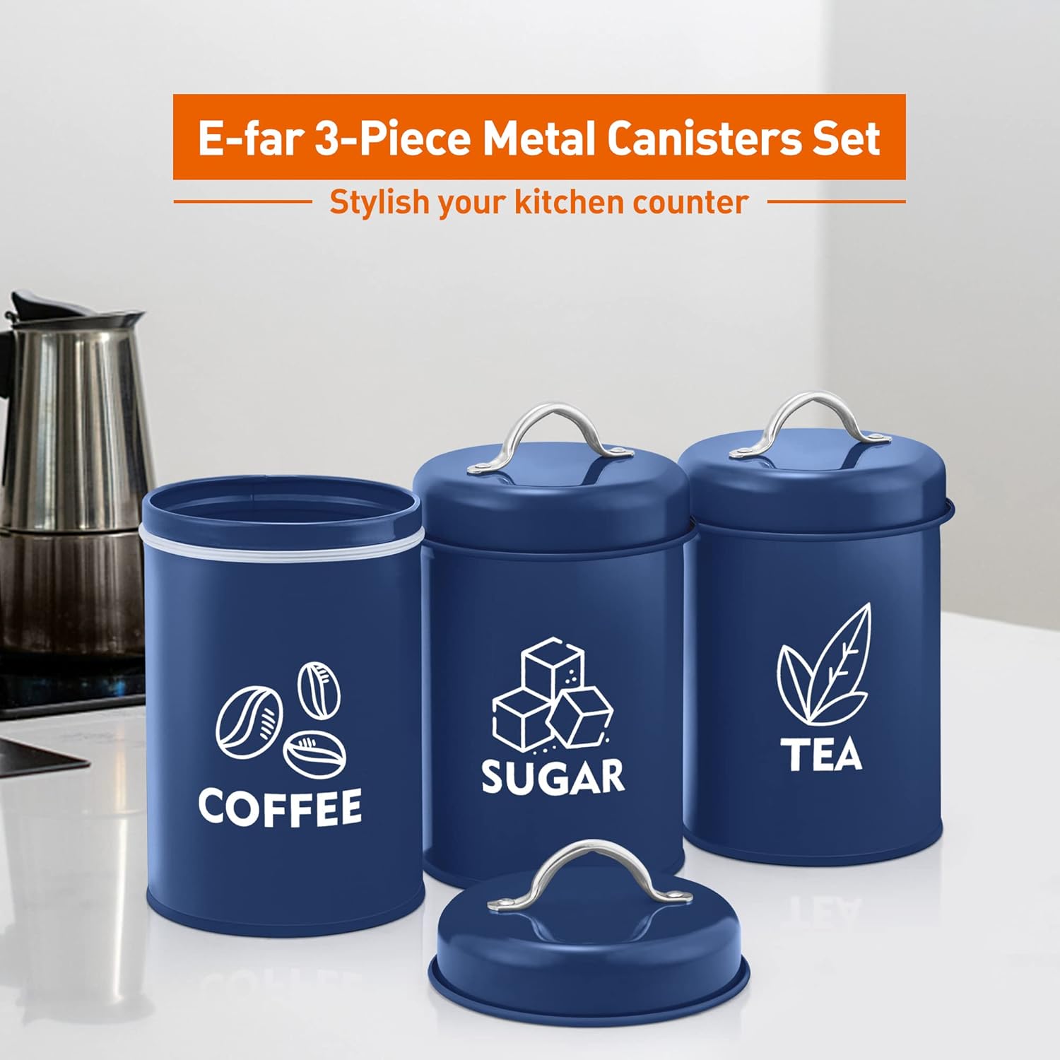 E-far Juego de recipientes para encimera de cocina, 3 piezas de metal para té, café, azúcar con tapa hermética para almacenamiento de alimentos,