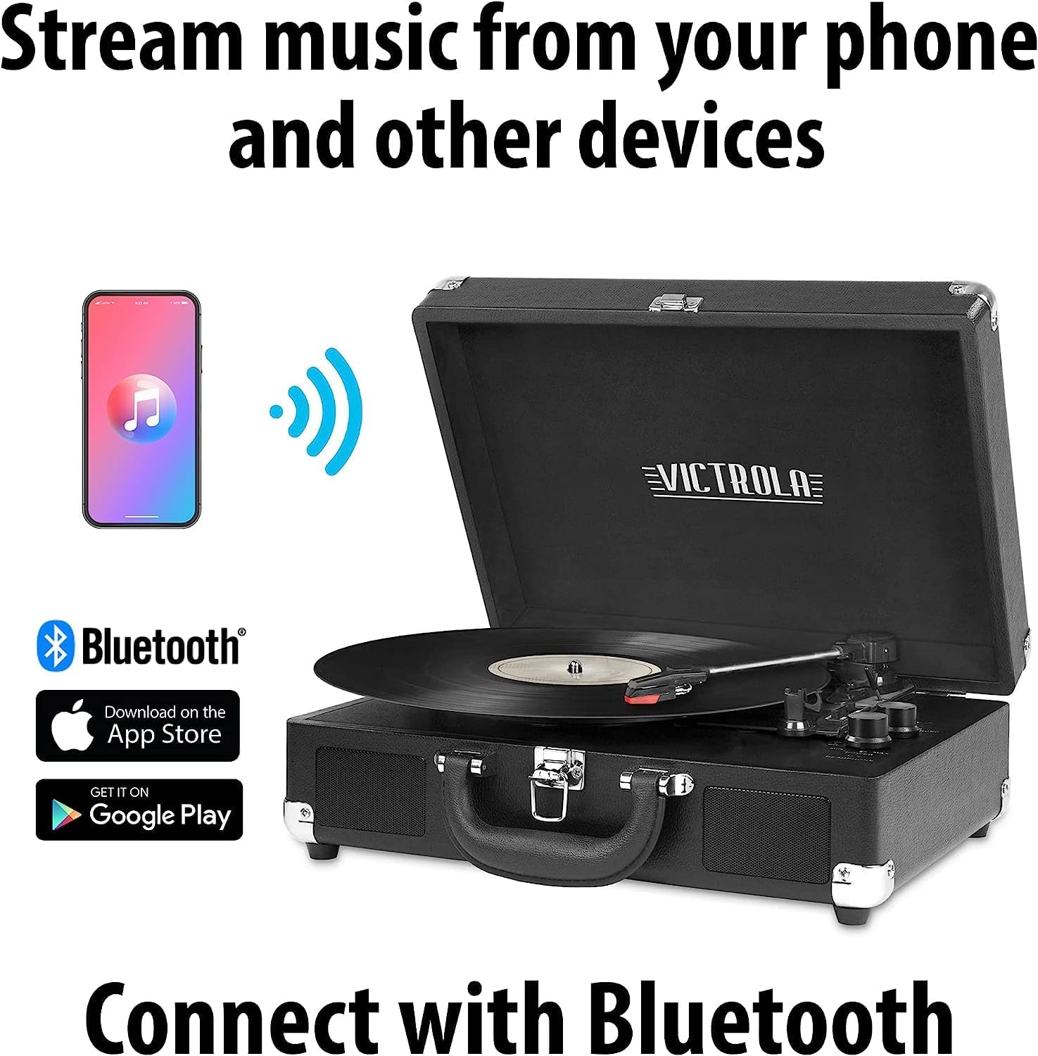 Victrola Tocadiscos portátil de maleta estilo vintage, 3 velocidades, conexión Bluetooth, altavoces integrados, incluye púa extra, marrón, modelo