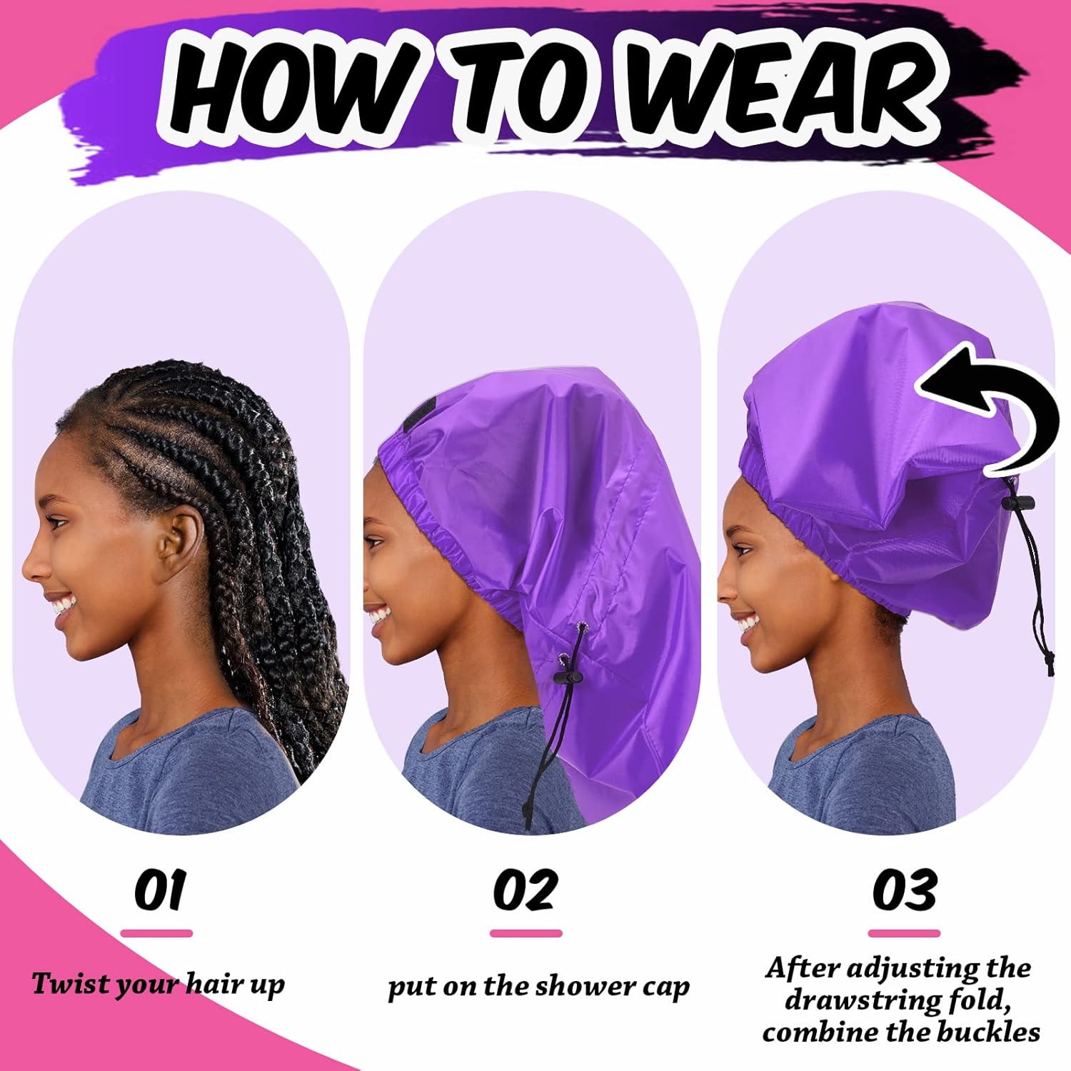 Gorro de ducha trenzado grande, gorro de ducha grande para trenza, ajustable y plegable, gorro de ducha trenzado con lazo de secado, gorro de ducha