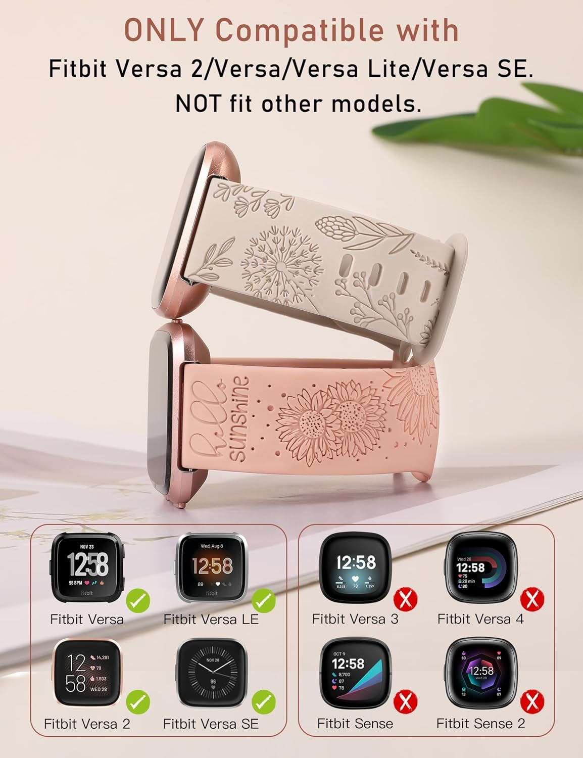 Minyee Paquete de 2 correas grabadas florales compatibles con correas Fitbit Versa 2Fitbit VersaVersa Lite para mujer, bonita correa de silicona