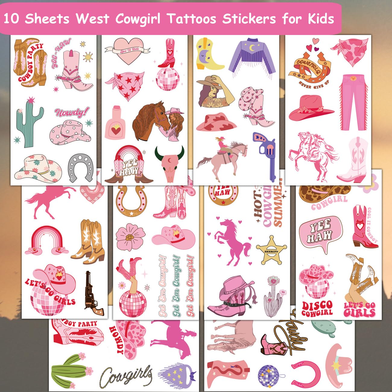 CHARLENT Tatuajes temporales de vaquera para niños, suministros de fiesta, tatuajes temporales de vaquera occidental para niñas, regalos de fiesta