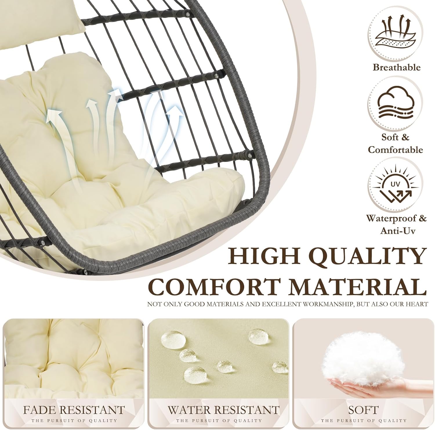 Brafab Silla colgante con forma de huevo sin soporte, silla hamaca plegable de mimbre con marco de acero galvanizado, cojínreposacabezas, capacidad