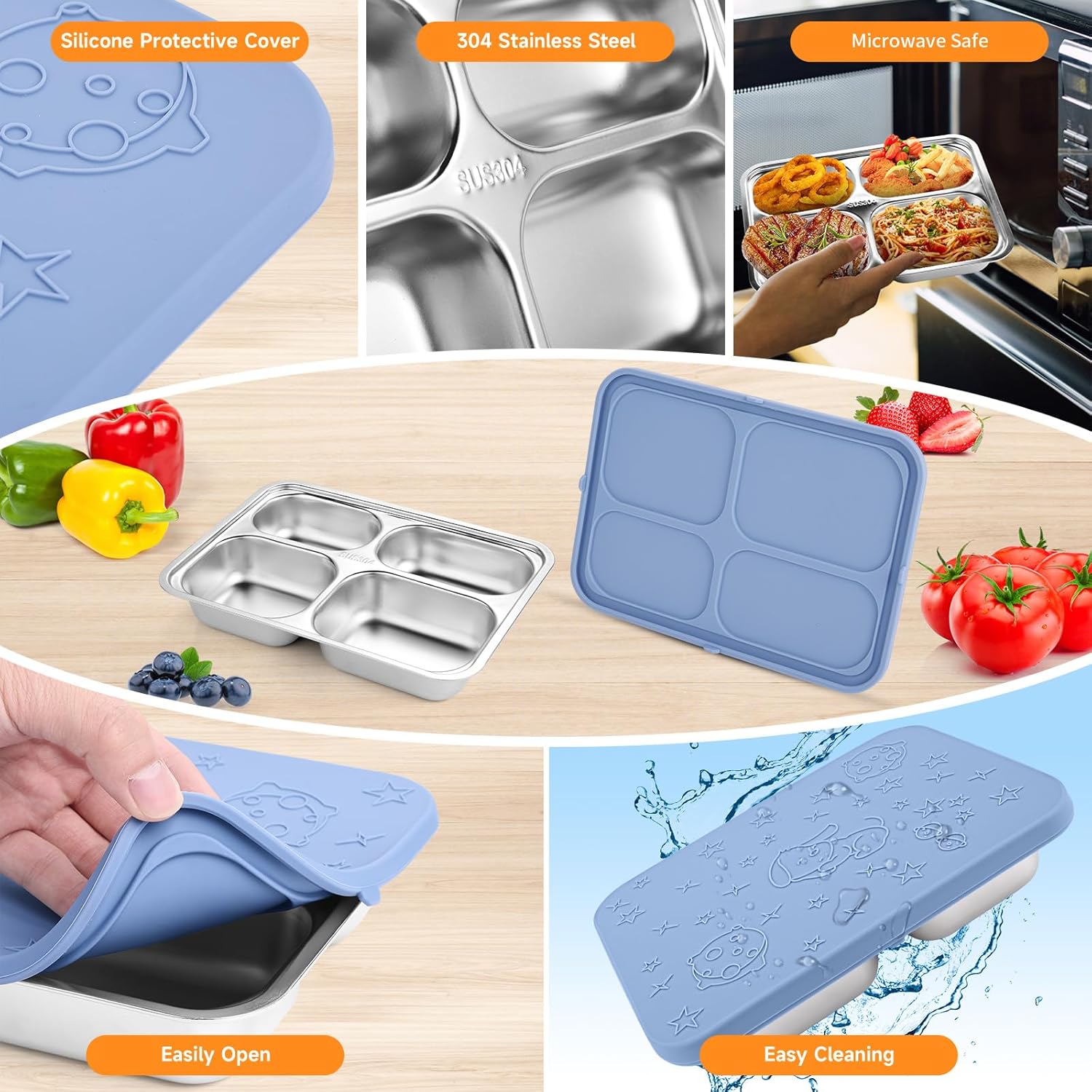 Caja Bento de acero inoxidable con 2 tazas de salsa, 4 compartimentos de alta calidad, lonchera de metal para niños o adultos (azul)