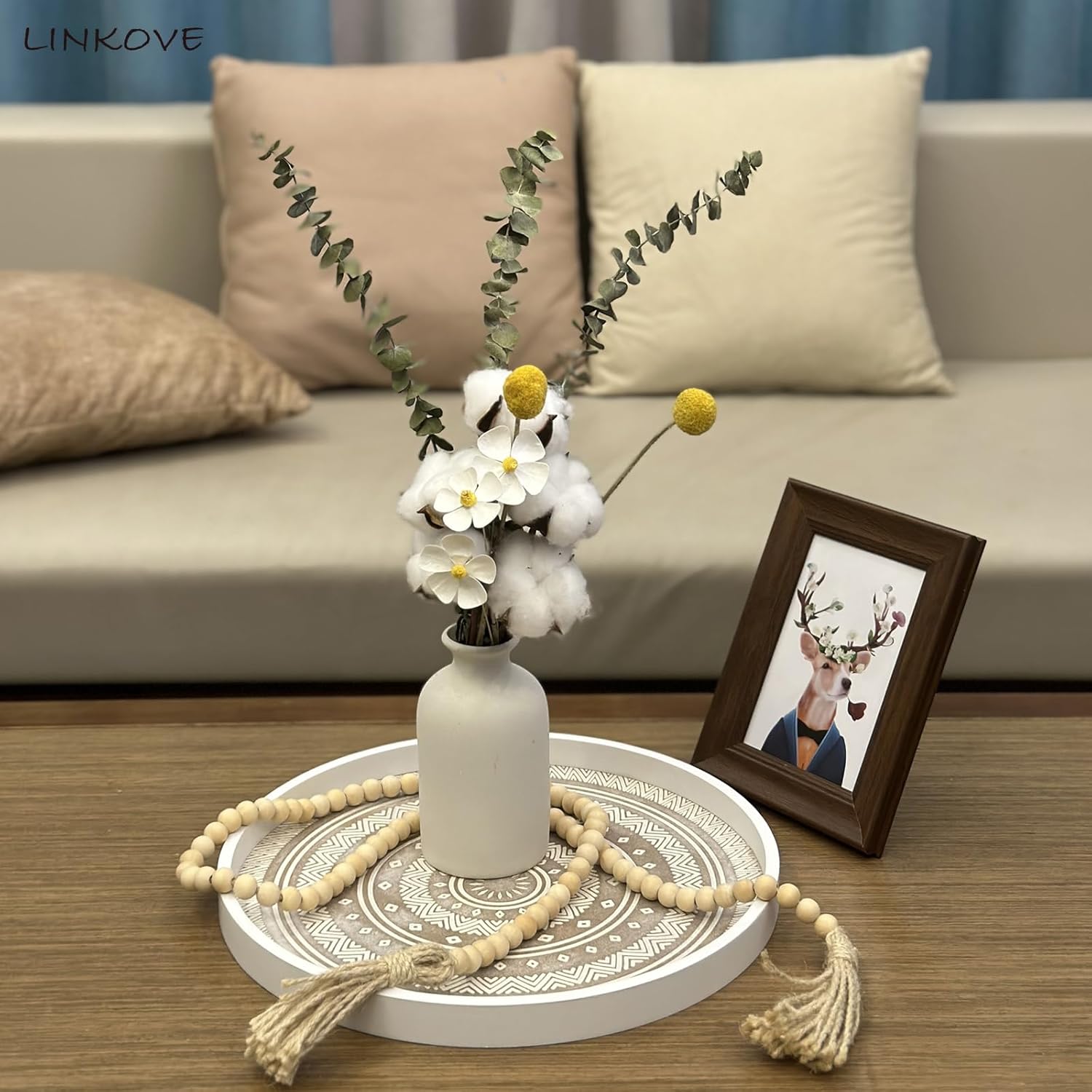 Bandeja decorativa bohemia de 13 pulgadas para decoración del hogar, bandeja redonda de madera para mesa de café, bandeja otomana blanca lavada para