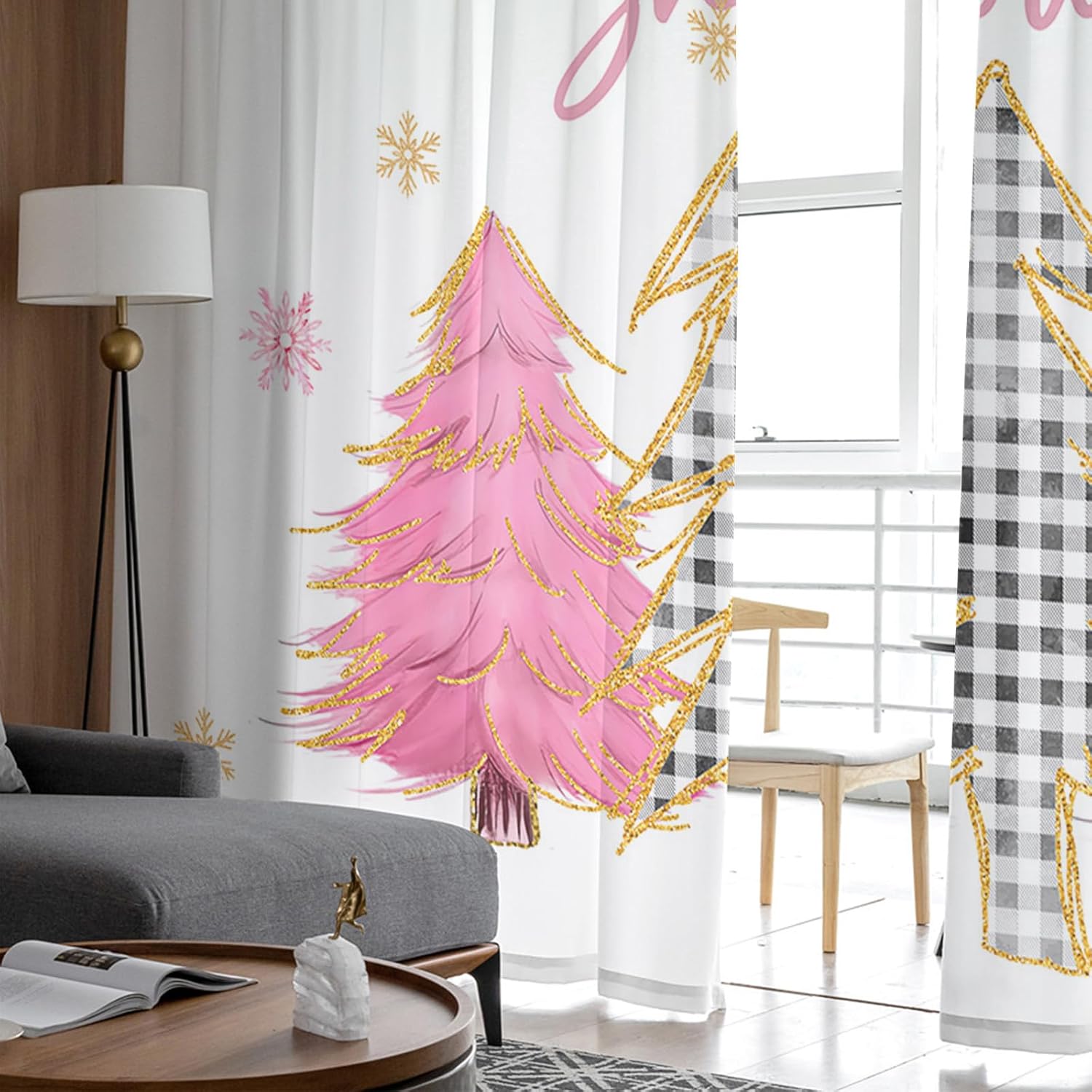Cortinas de Navidad para sala de estar, cortinas traslúcidas para árbol de Navidad, cortinas de ventana con bolsillo para barra, cortinas de ventana