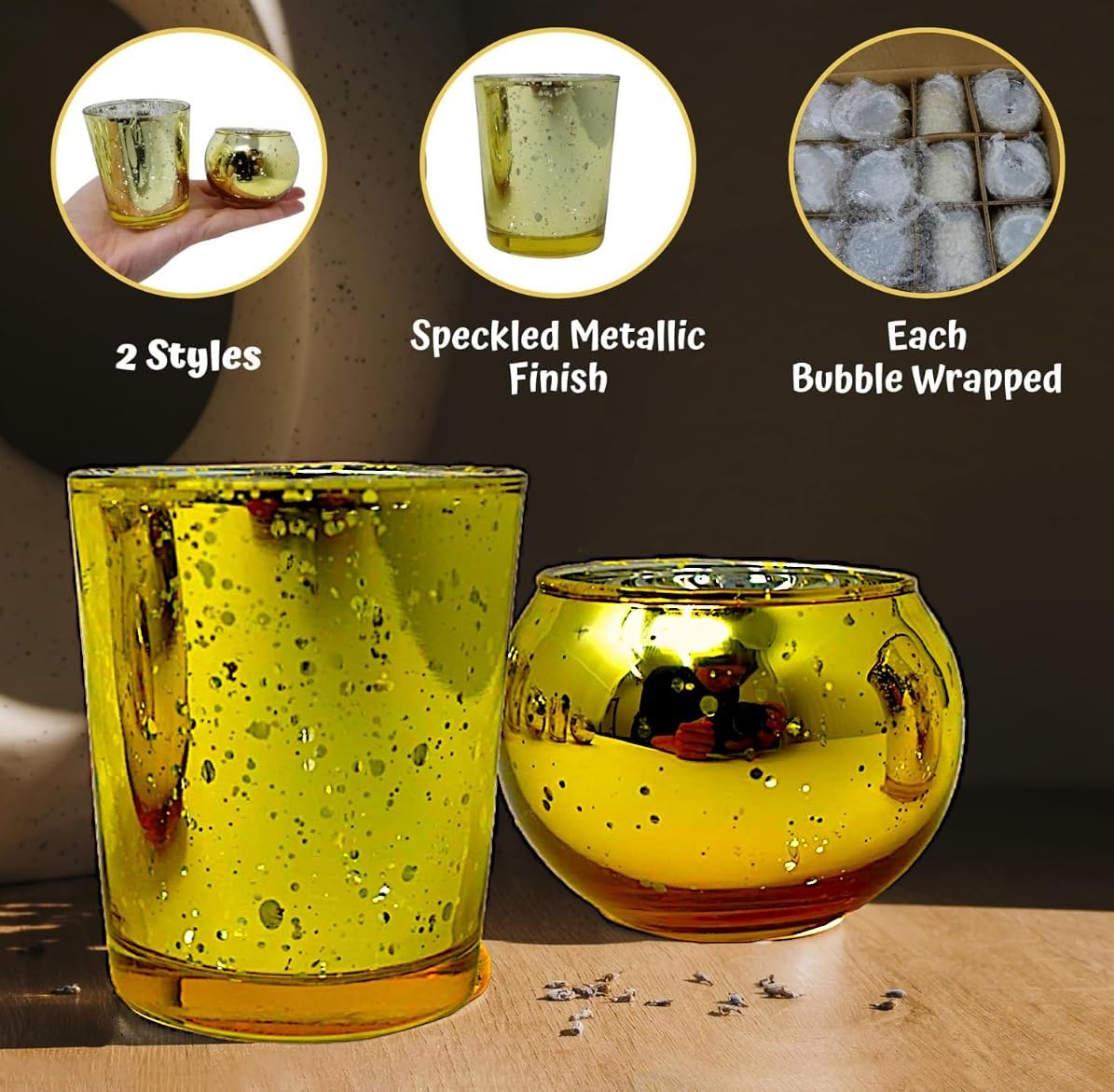 24 portavelas votivas doradas surtidas, portavelas de cristal de mercurio a granel, centros de mesa de boda dorados para mesas, decoración de mesa