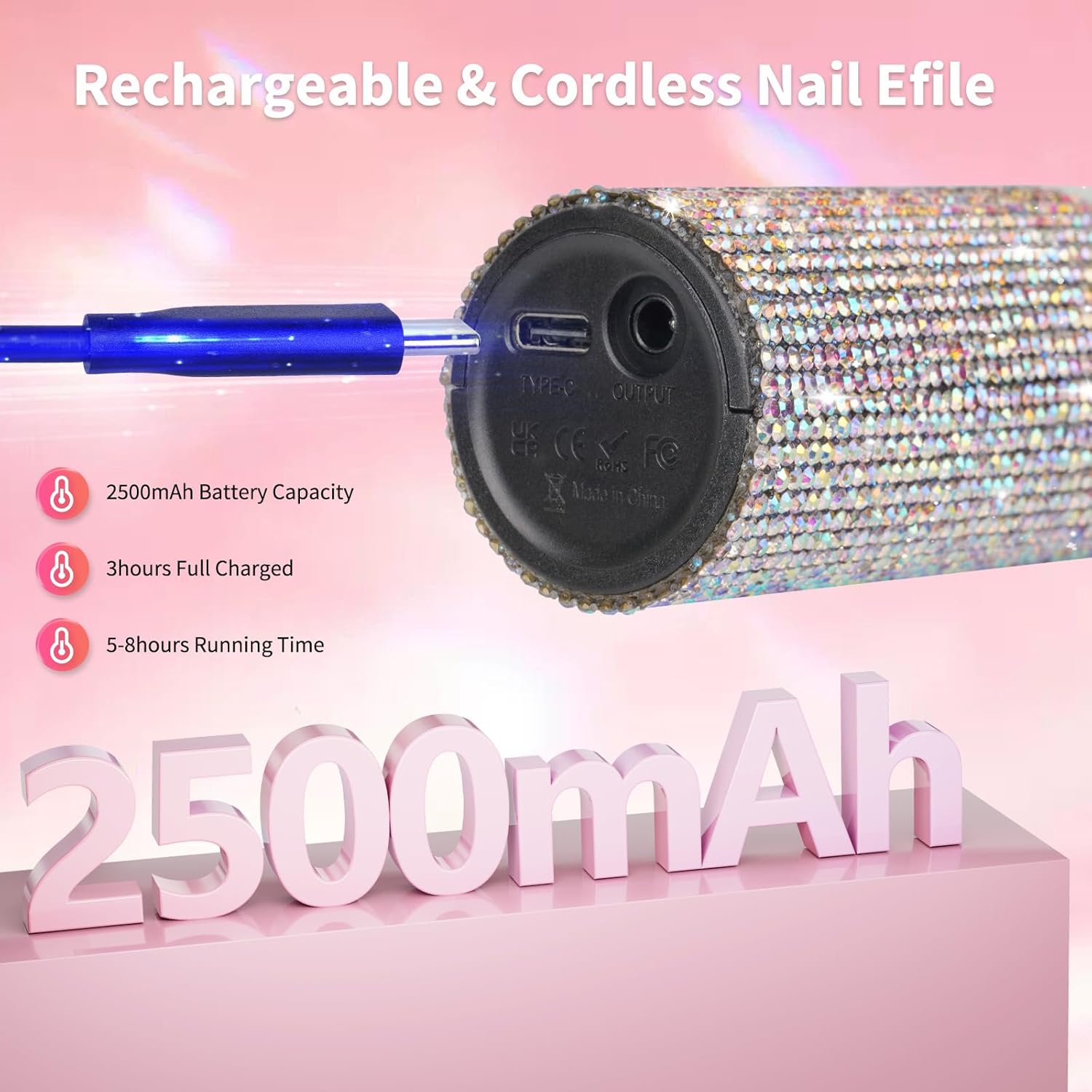 Lavinda Diamond Serise – Lámpara de uñas inalámbrica con diamantes de imitación brillantes, 35000 rpm, taladro de uñas portátil eléctrico profesional