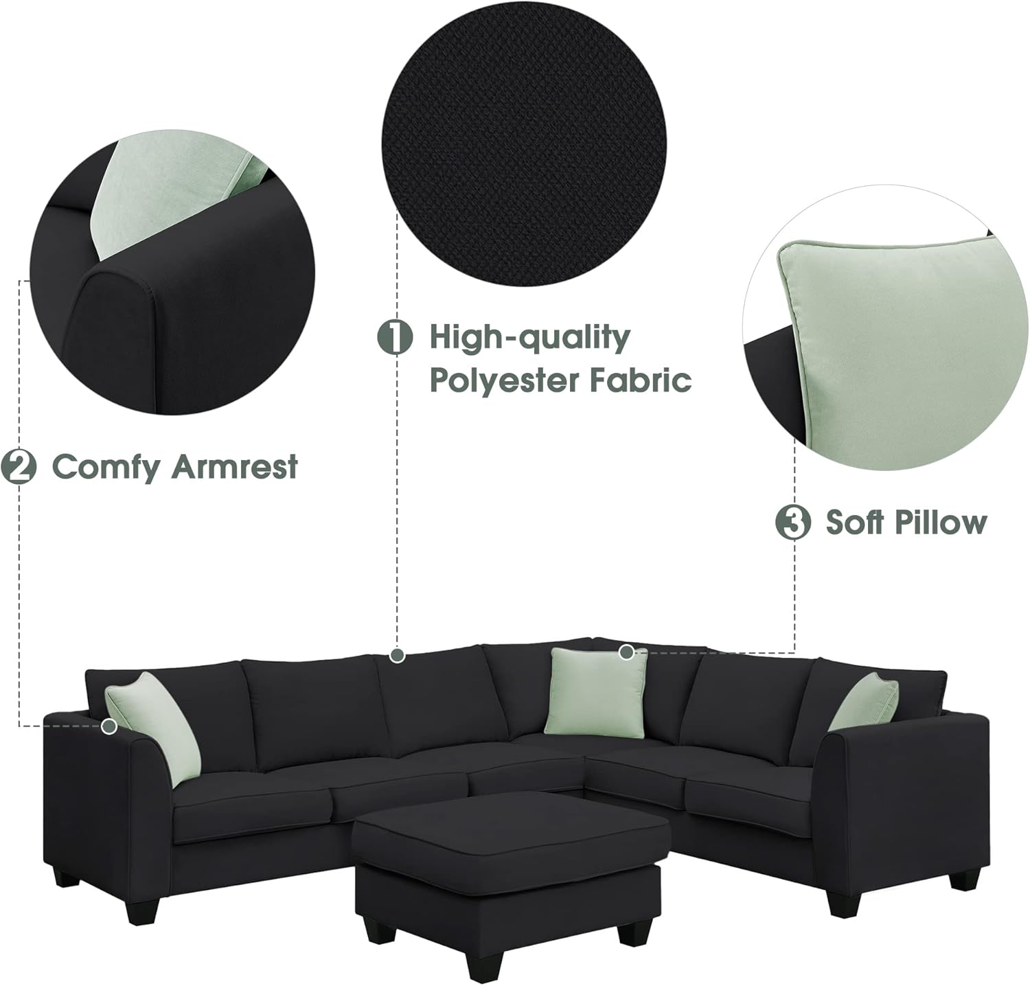 Sofá modular moderno en forma de L, 7 asientos, muebles modulares de tela con otomana y 3 almohadas, para sala de estar, apartamento, color negro