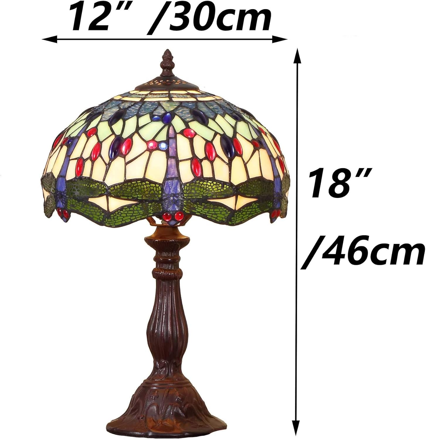 Bieye L11402 Dragonfly Tiffany Style Lámpara de mesa de vidrieras con base de metal para sala de estar, mesita de noche, decoración del hogar, 12